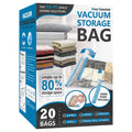 Cozy Essential vacuum storage bags with hand pump and folded clothes inside, 20-piece combo