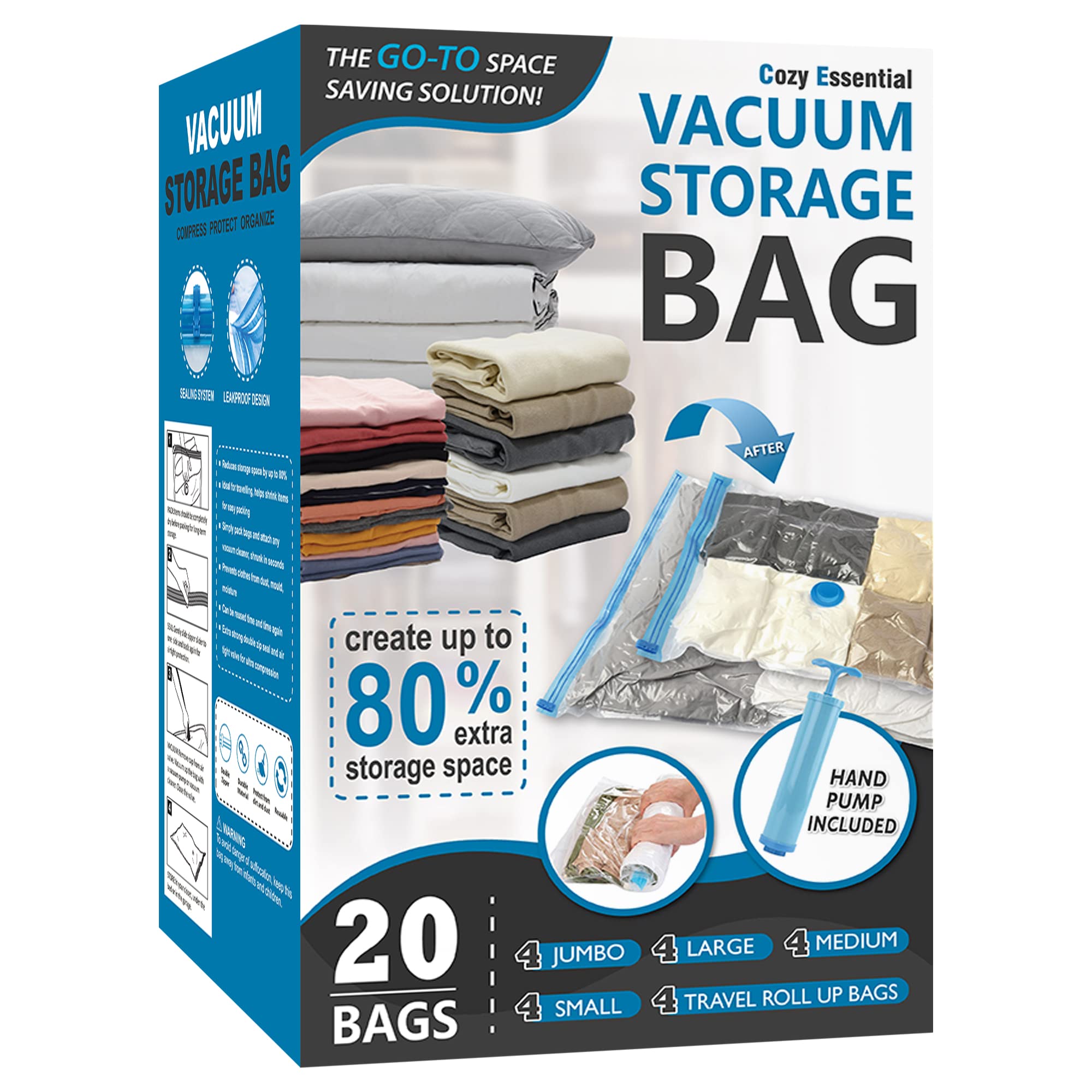 Cozy Essential vacuum storage bags with hand pump and folded clothes inside, 20-piece combo