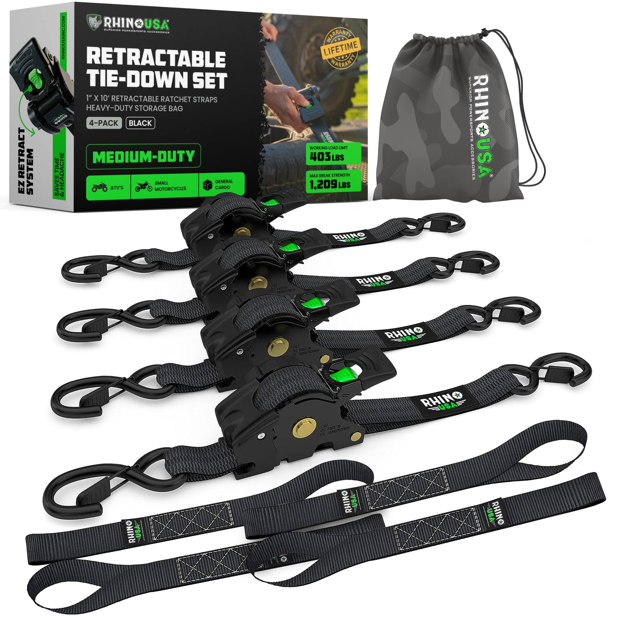 Black Rhino USA retractable ratchet straps, 1in x 10ft, 4 straps