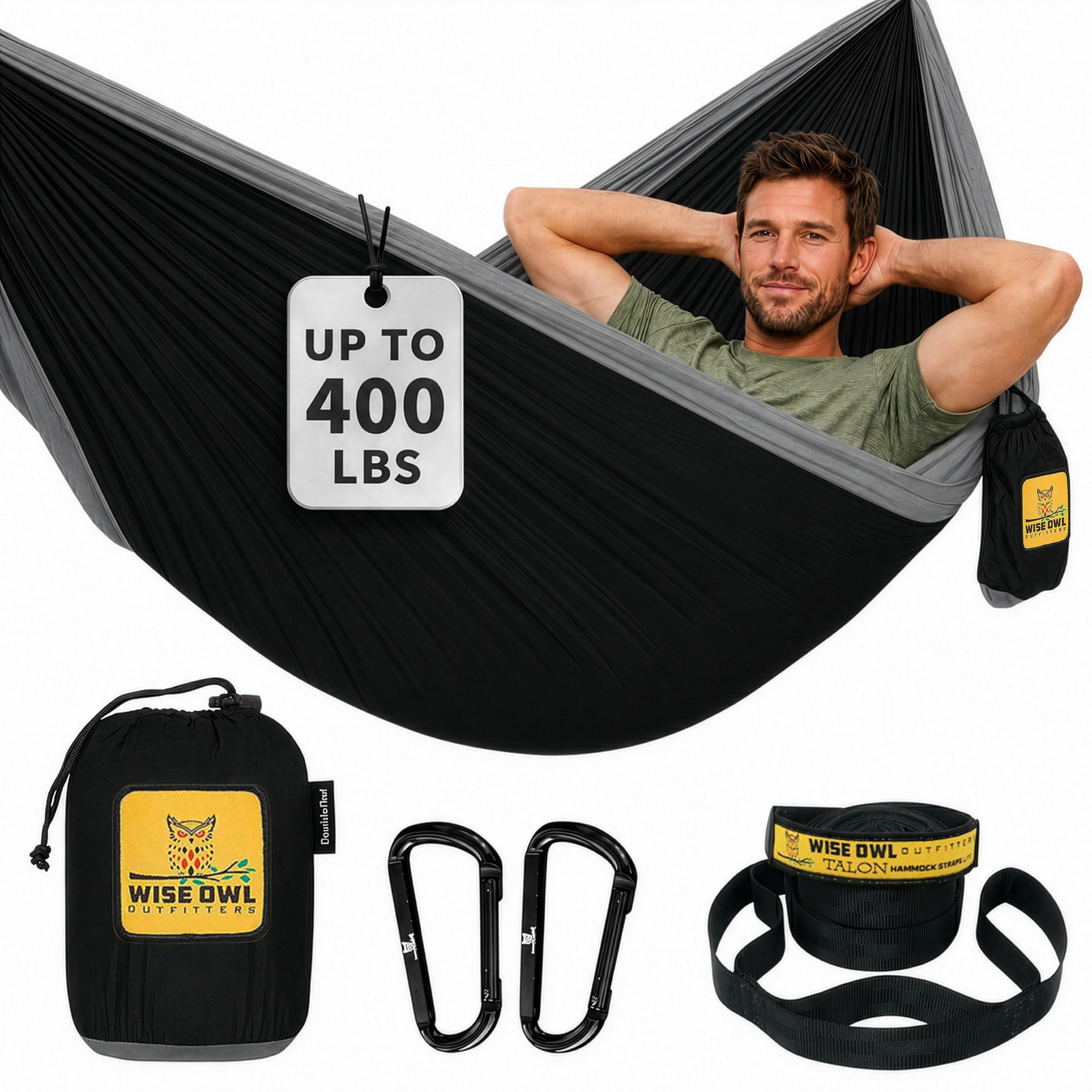 Wise Owl Outfitters black and grey parachute nylon camping hammock