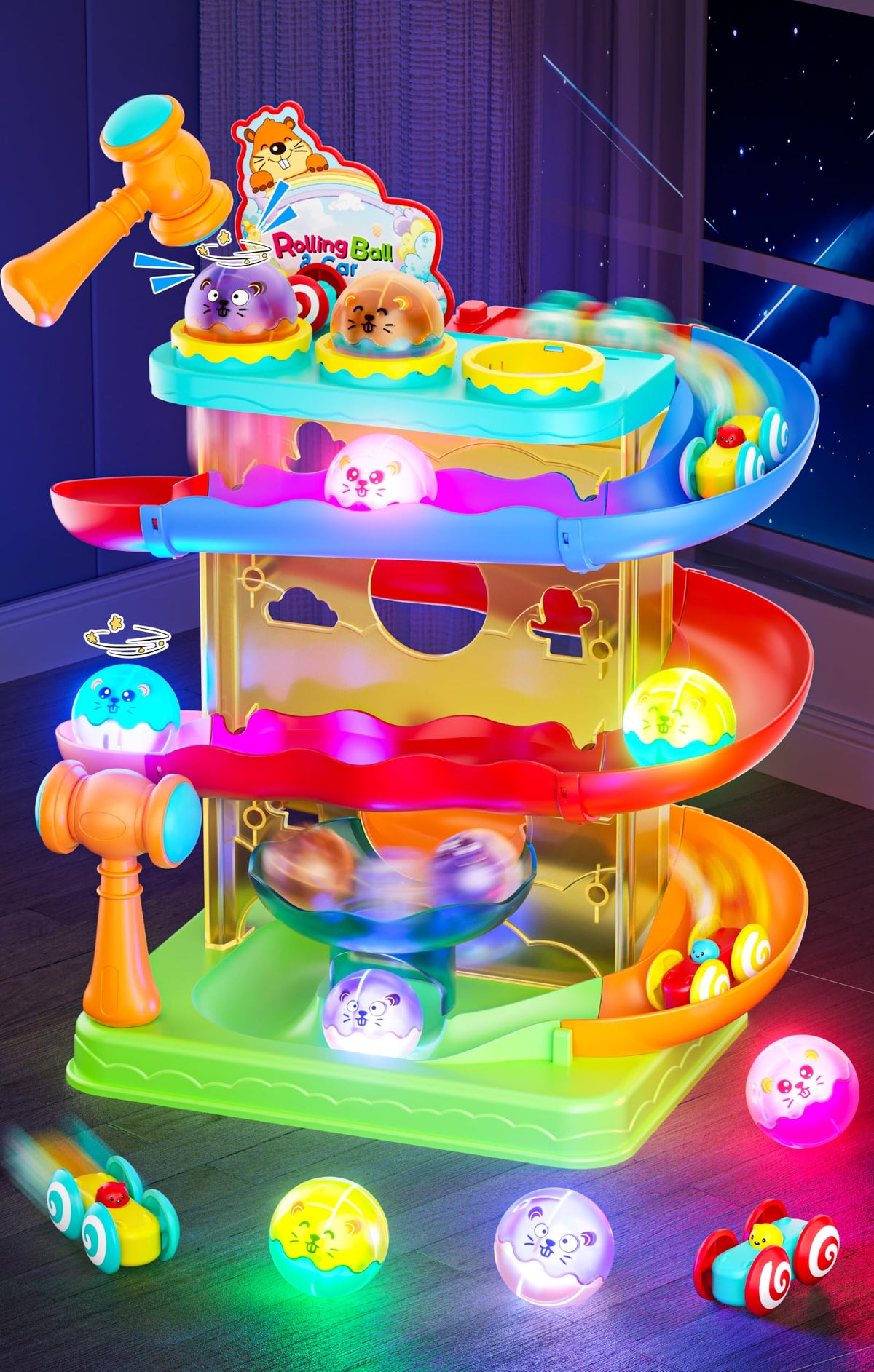 2-in-1 ball drop car ramp race track toy, colorful balls, wooden cars