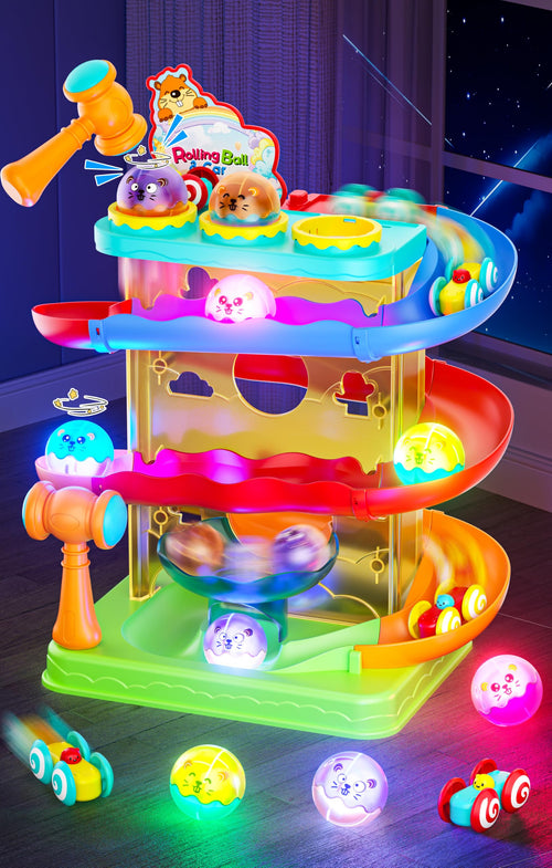 2-in-1 ball drop car ramp race track toy, colorful balls, wooden cars