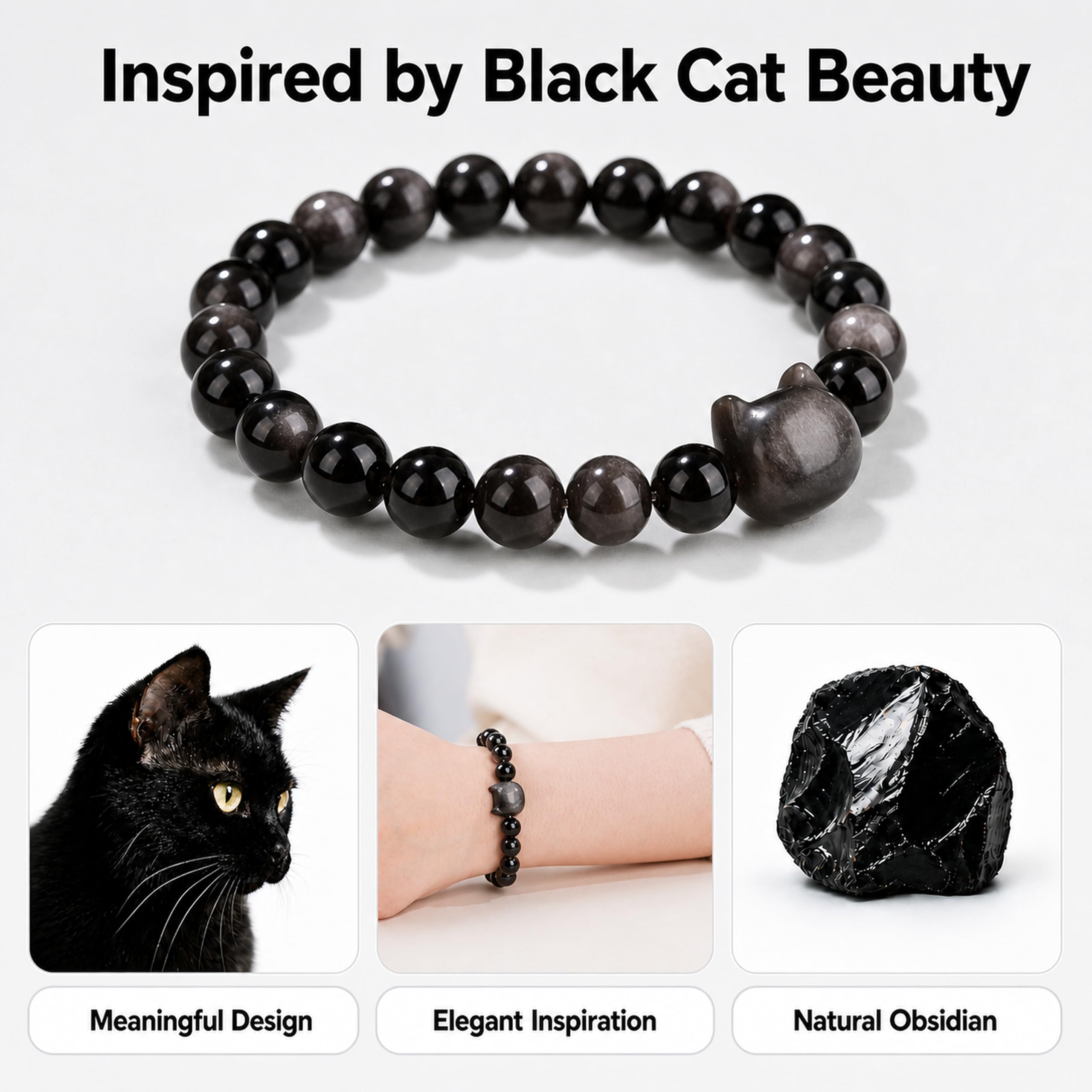 Cat Bracelets for Women,Money Attraction,Black Obsidian,Cat Gifts image 5