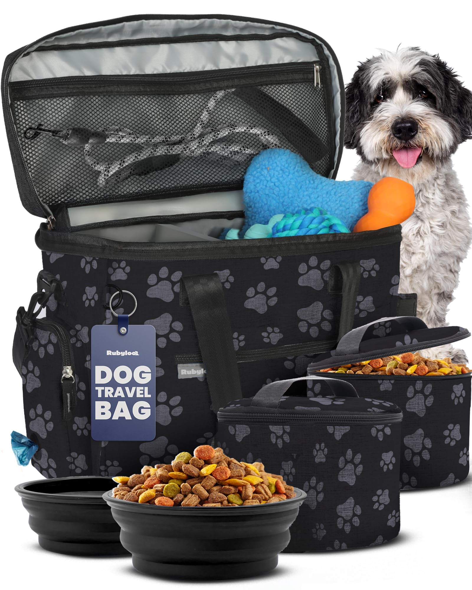 Rubyloo dog travel bag with collapsible travel bowls and storage pockets
