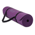 Purple Gaiam 10mm thick yoga mat rolled with visible cinch carrier strap