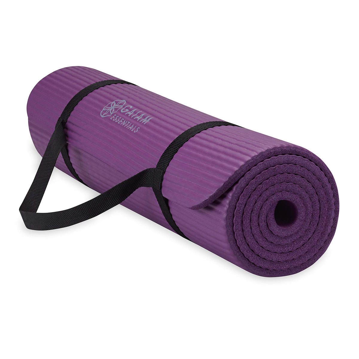 Purple Gaiam 10mm thick yoga mat rolled with visible cinch carrier strap