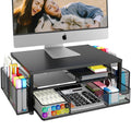 OPNICE black 2-tier monitor stand riser, drawer, two pen holders on office desk