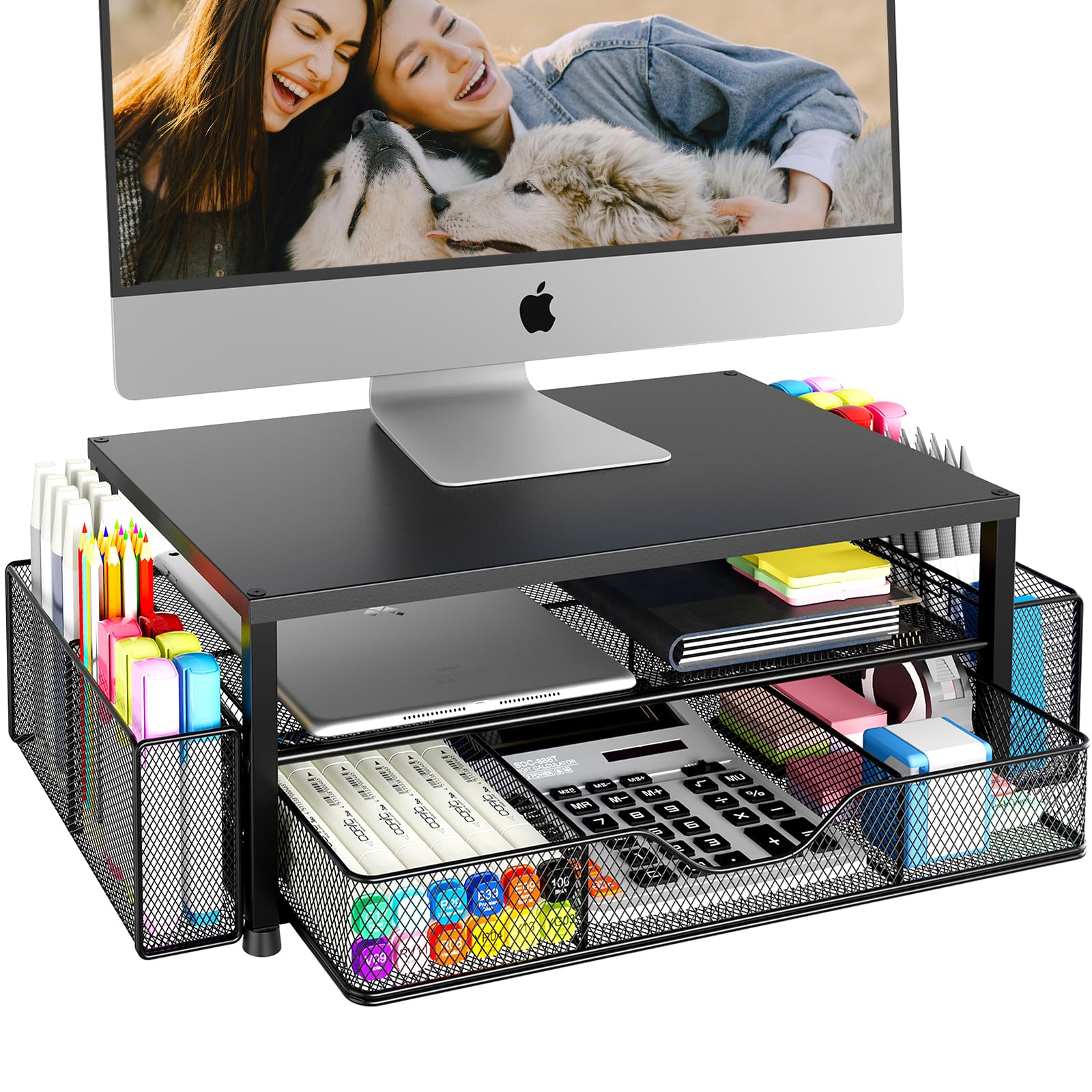 OPNICE black 2-tier monitor stand riser, drawer, two pen holders on office desk