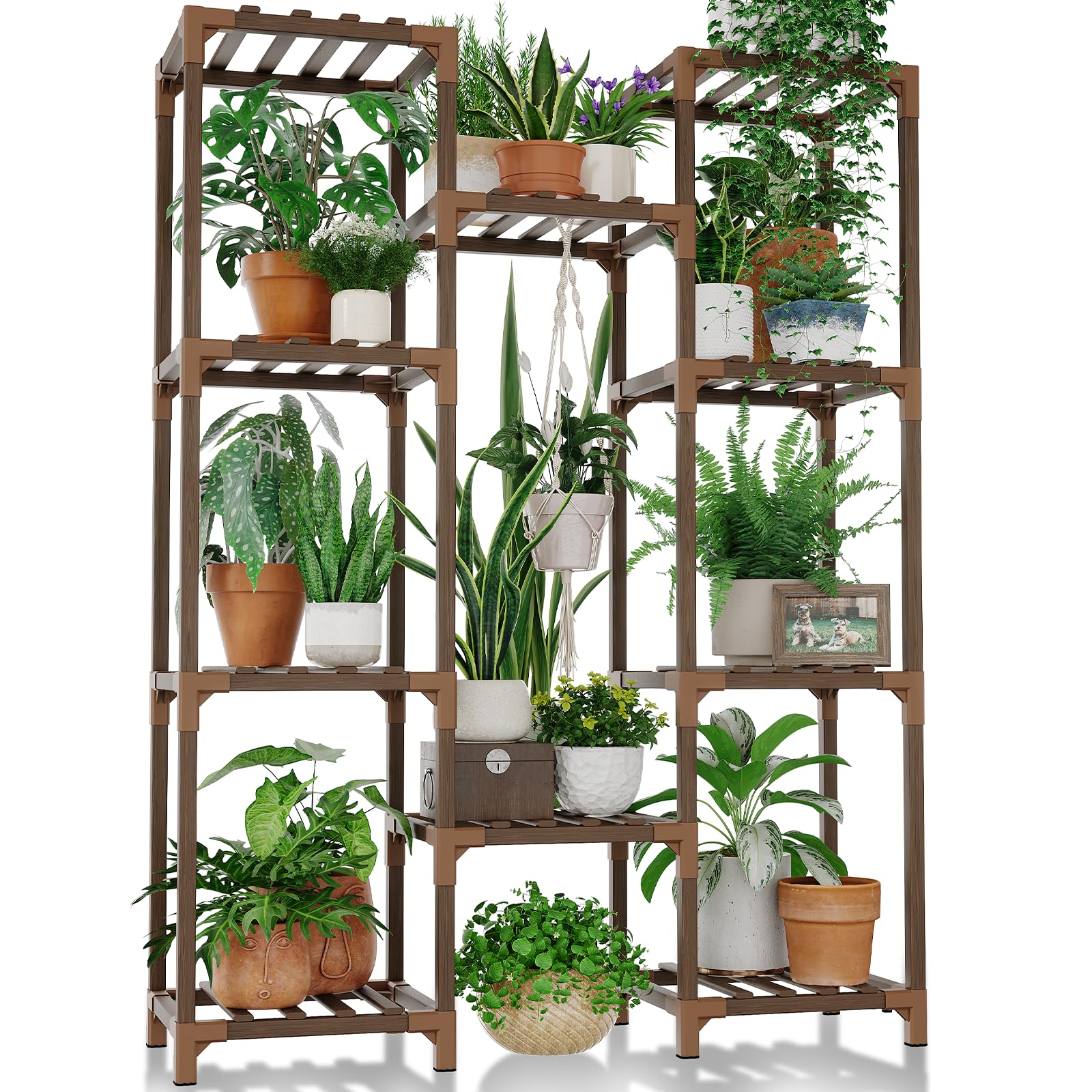 Bamworld tall wooden plant stand, three-tier shelving holding potted plants on a balcony