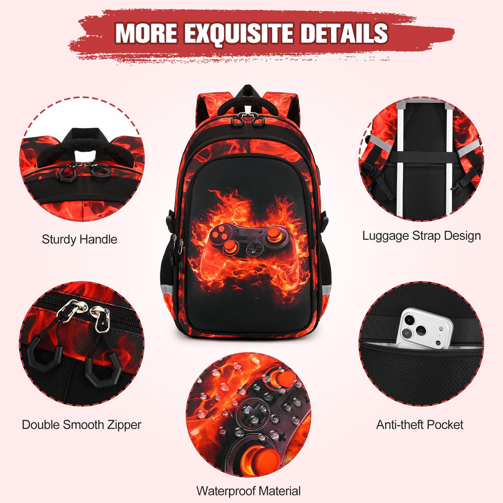 Similove Backpack for Boys, 4PCS Cool Flame School Bags image 4
