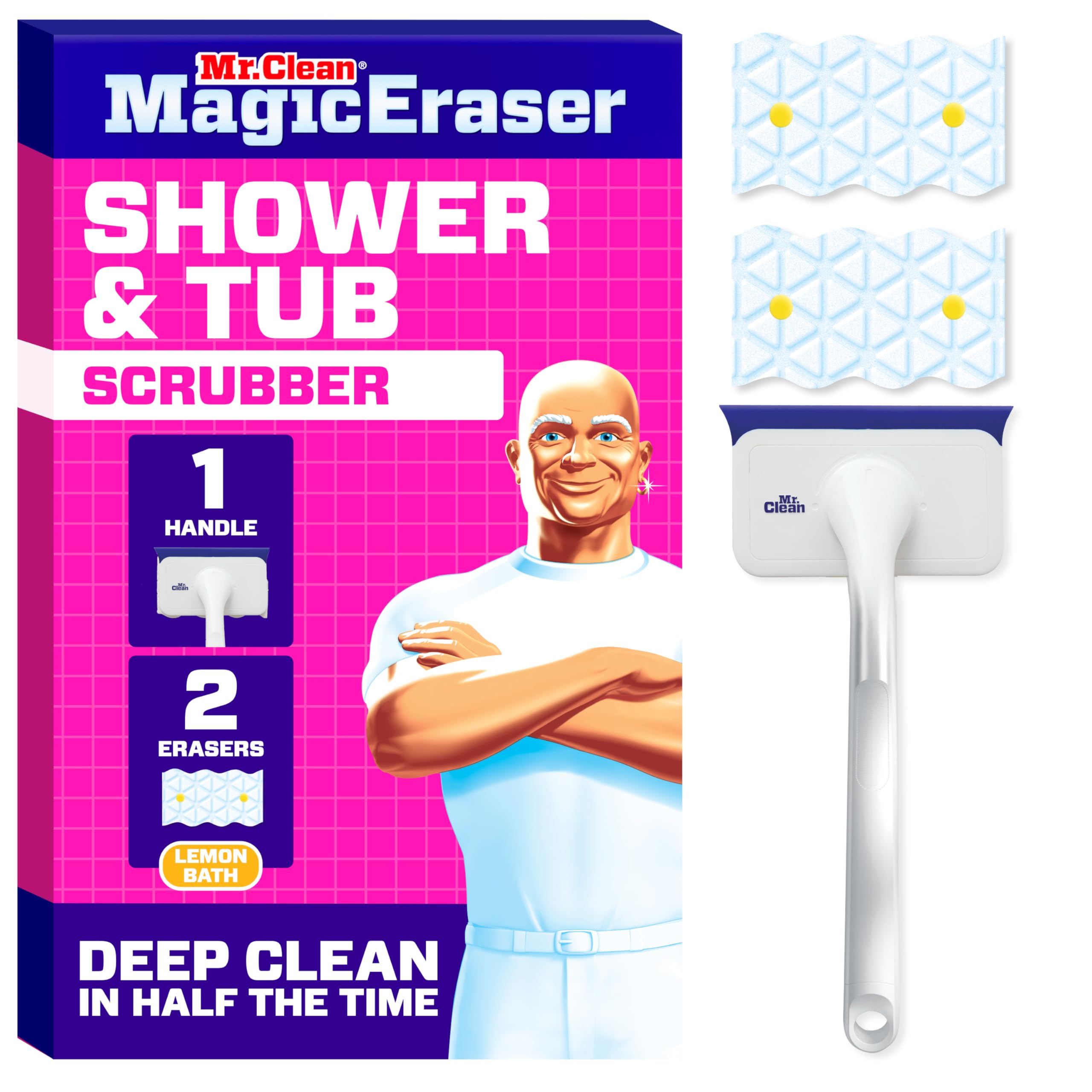 Mr. Clean Magic Eraser foaming shower scrubber with two foam eraser pads, lemon scent
