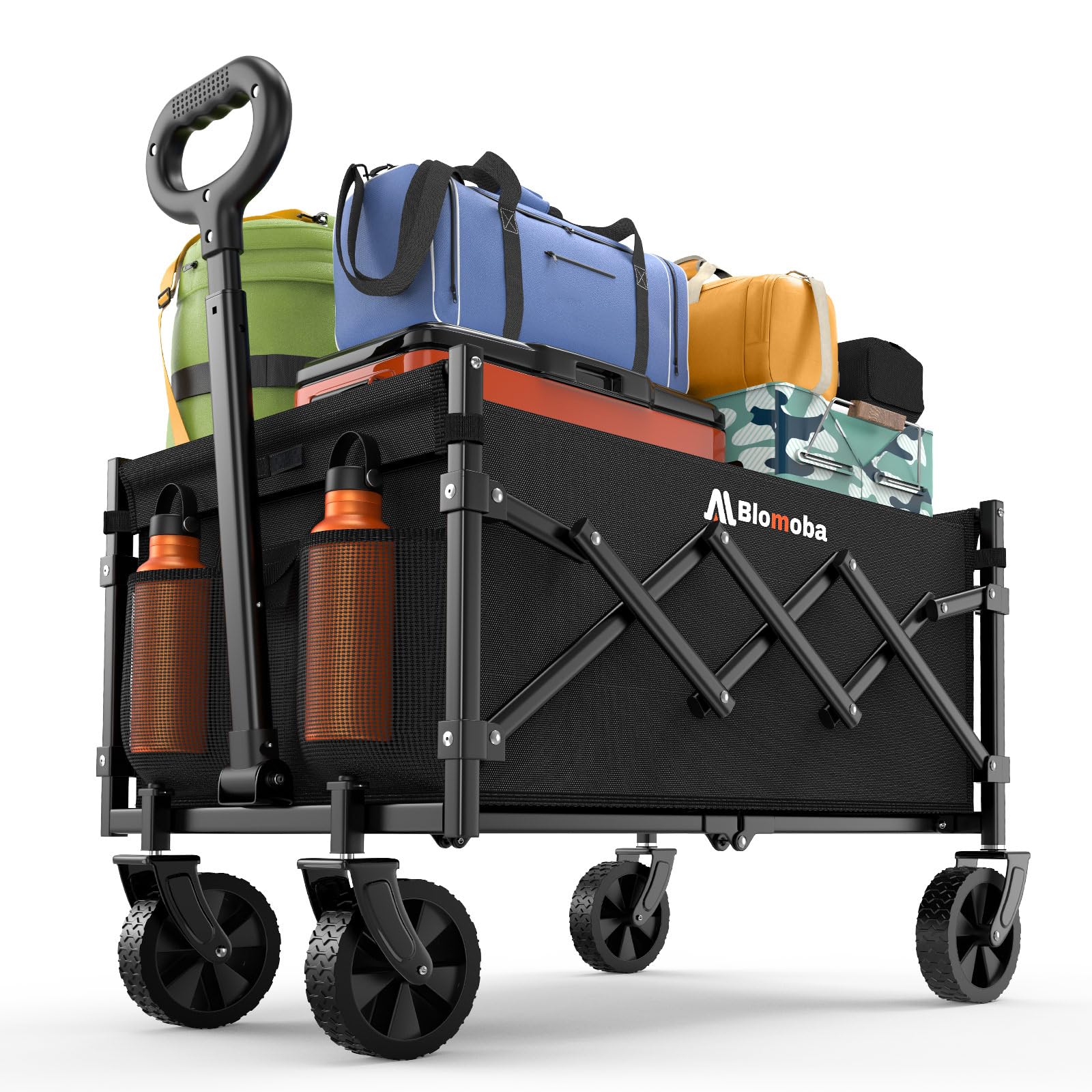 Black Blomoba folding utility wagon; wheels, pull handle, fabric bed visible