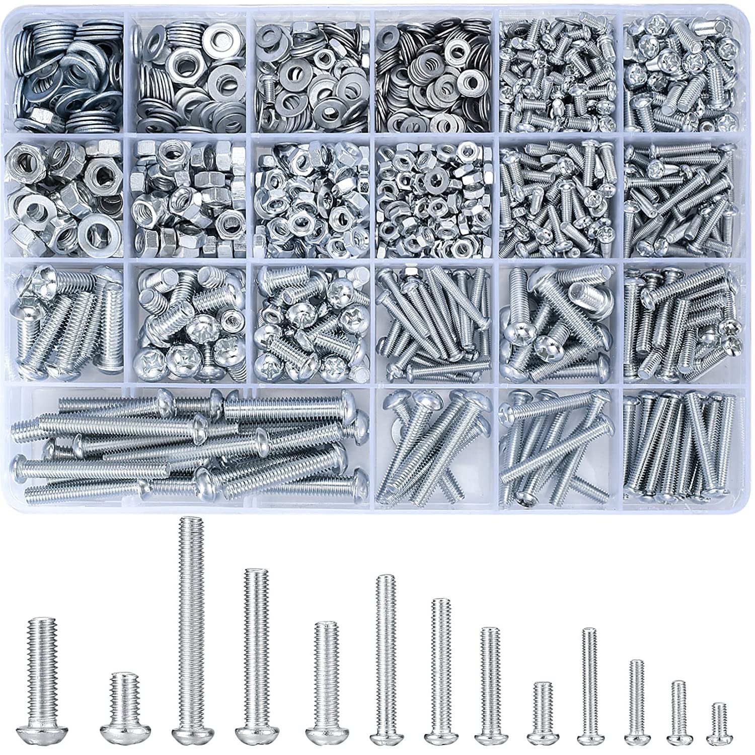Plastic organizer tray containing 1080 metric cross-slotted round head screws, hex nuts, flat washers