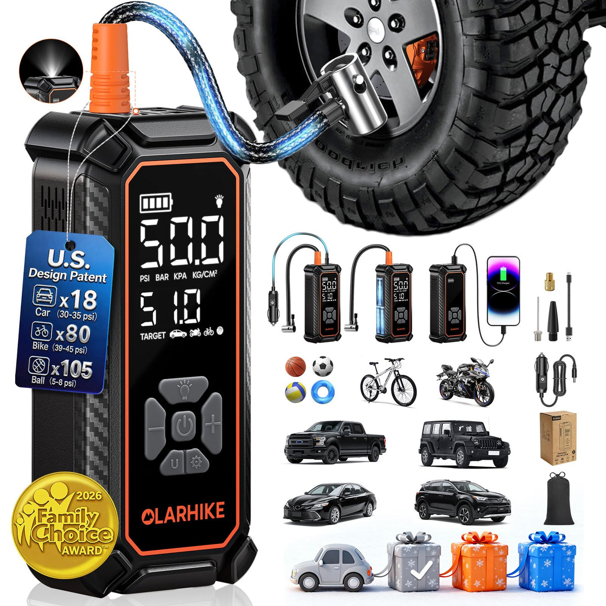OlarHike portable air compressor tire inflator with dual battery pack and digital pressure display