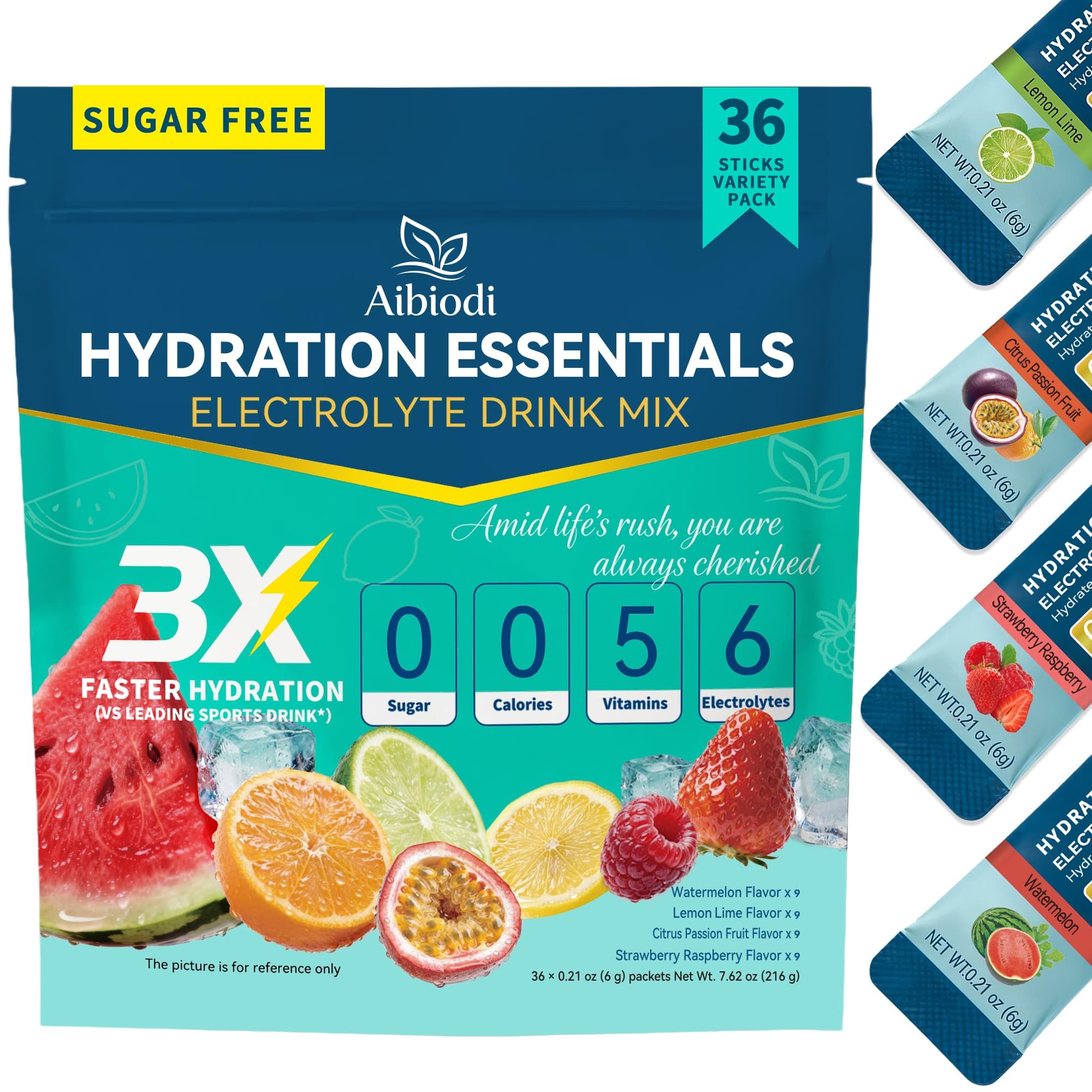 Aibiodi Electrolytes Powder Packets - Sugar Free & Zero Calorie Liquid Daily IV Drink Mix - Instant Hydration & Energy Supplement with 6 Electrolytes and 5 Vitamins, Keto Friendly & Vegan - 36 Sticks