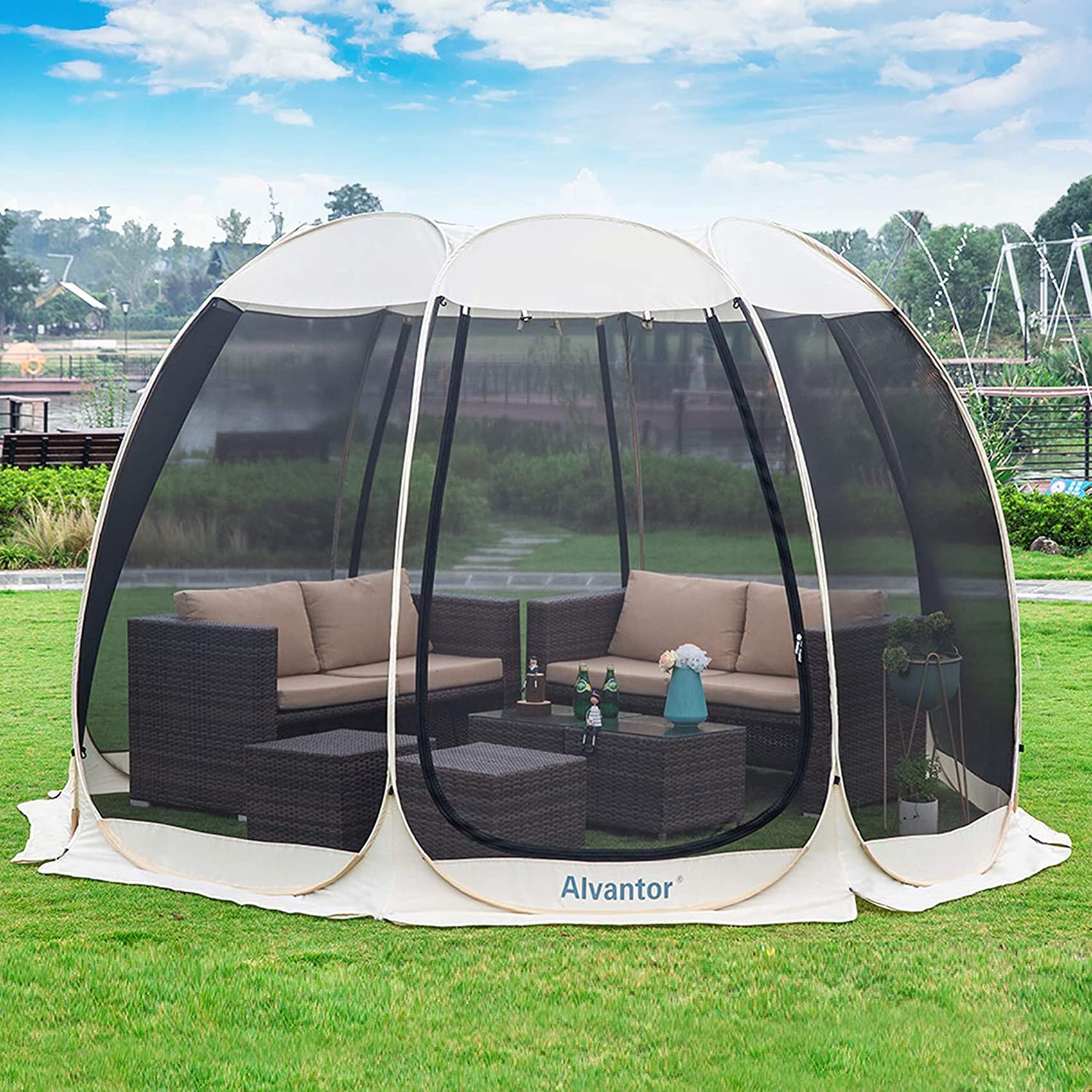 Beige Alvantor 10'x10' hexagon screen house tent with mesh walls outdoors