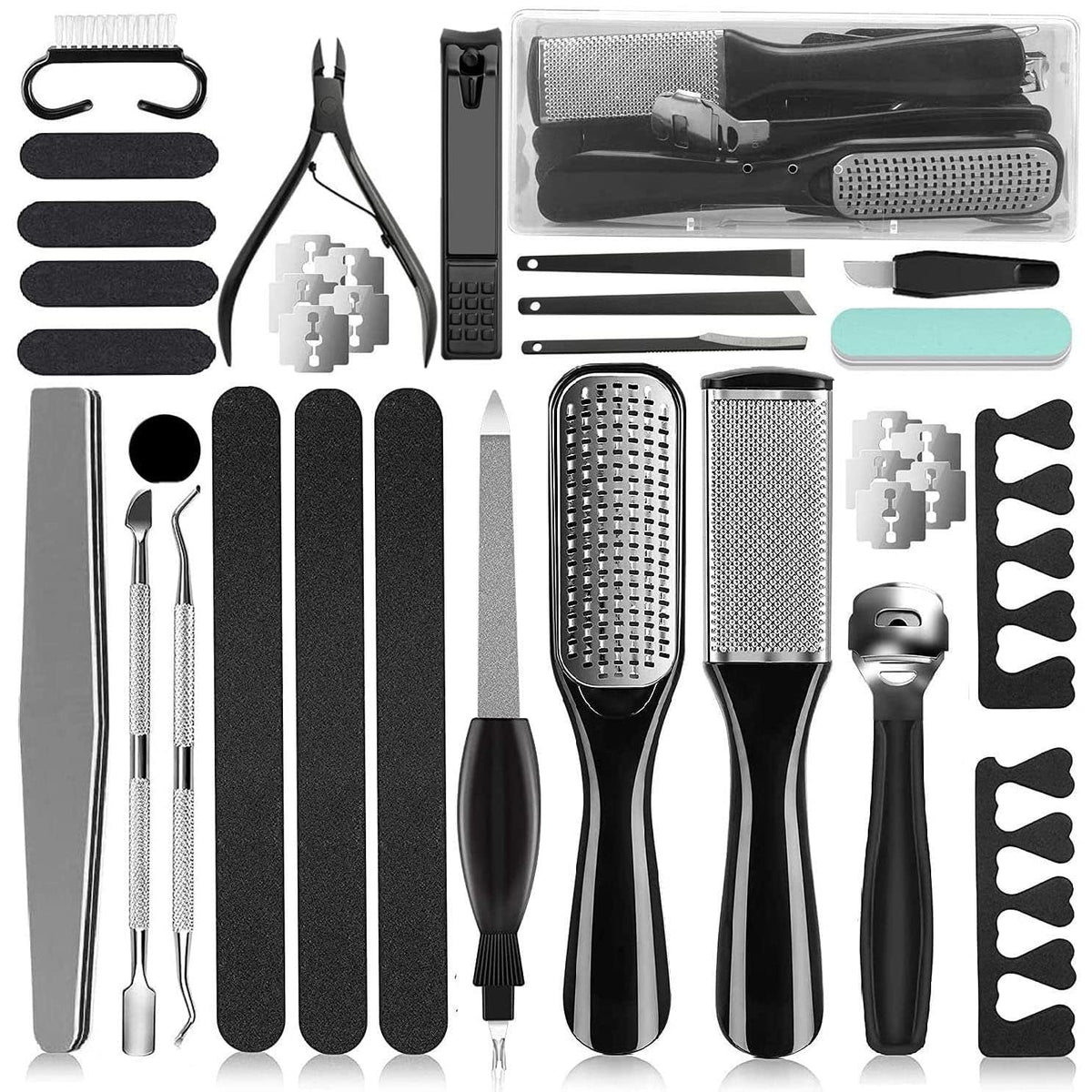 EKOCSIO 36-in-1 pedicure kit tools including foot file, foot rasp, and callus remover