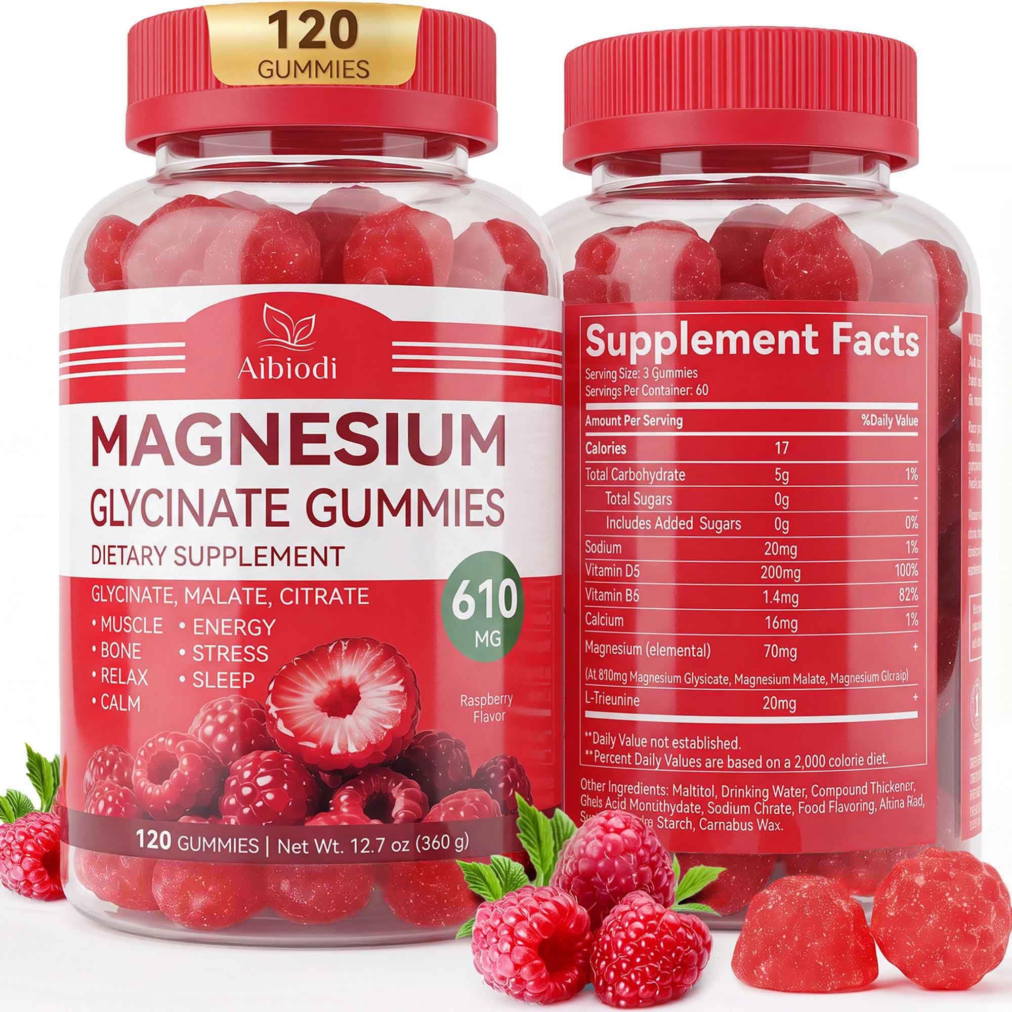 Aibiodi Magnesium Glycinate Gummies 610mg, Magnesium Glycinate, Citrate, Malate Gummies for Adults & Kids, Sleep, Relaxation, Muscle & Bone Support, 120 Chews, Raspberry Flavor