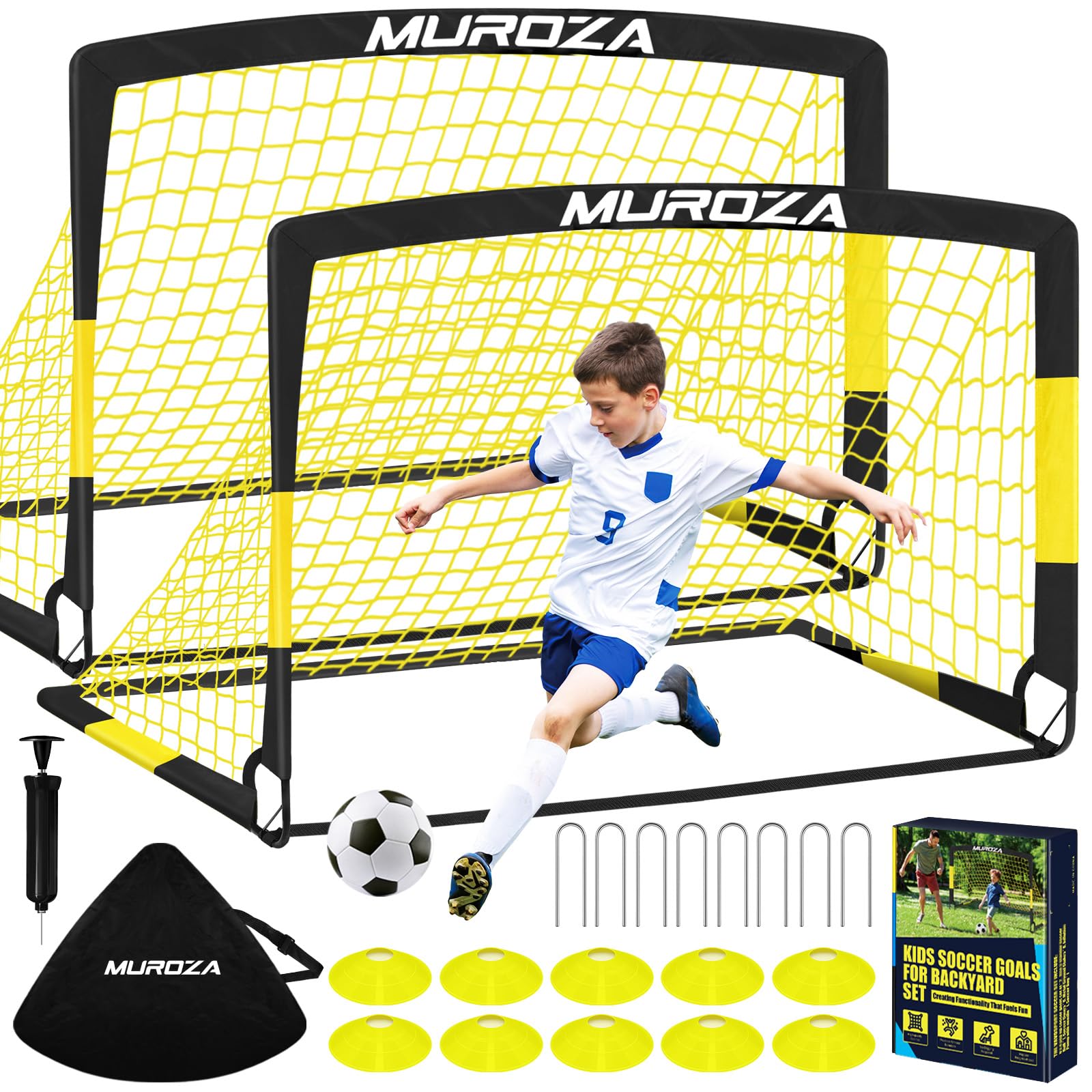 MUROZA pop-up kids soccer goal on grass in backyard