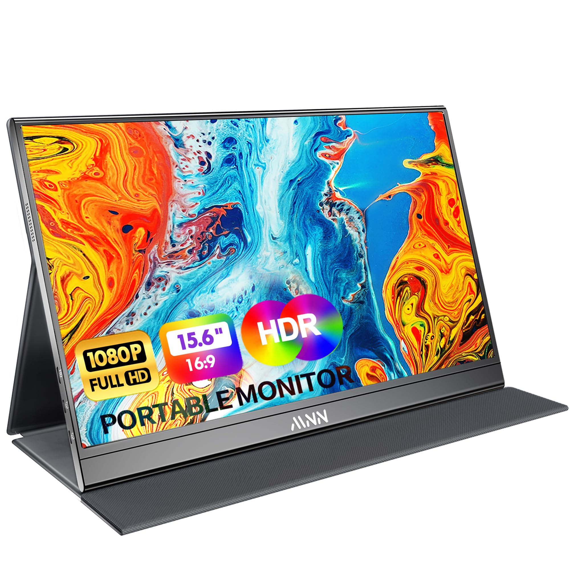 MNN 15.6 inch FHD portable monitor showing display with USB-C and HDMI ports