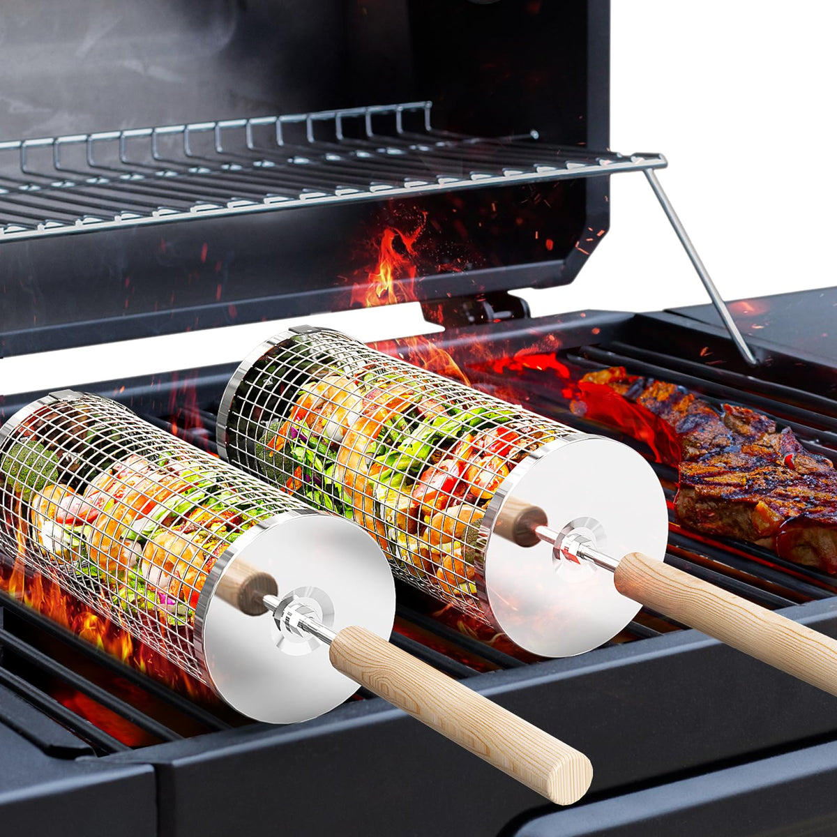 Ivtivfu rolling grill basket on camp grill handle visible
