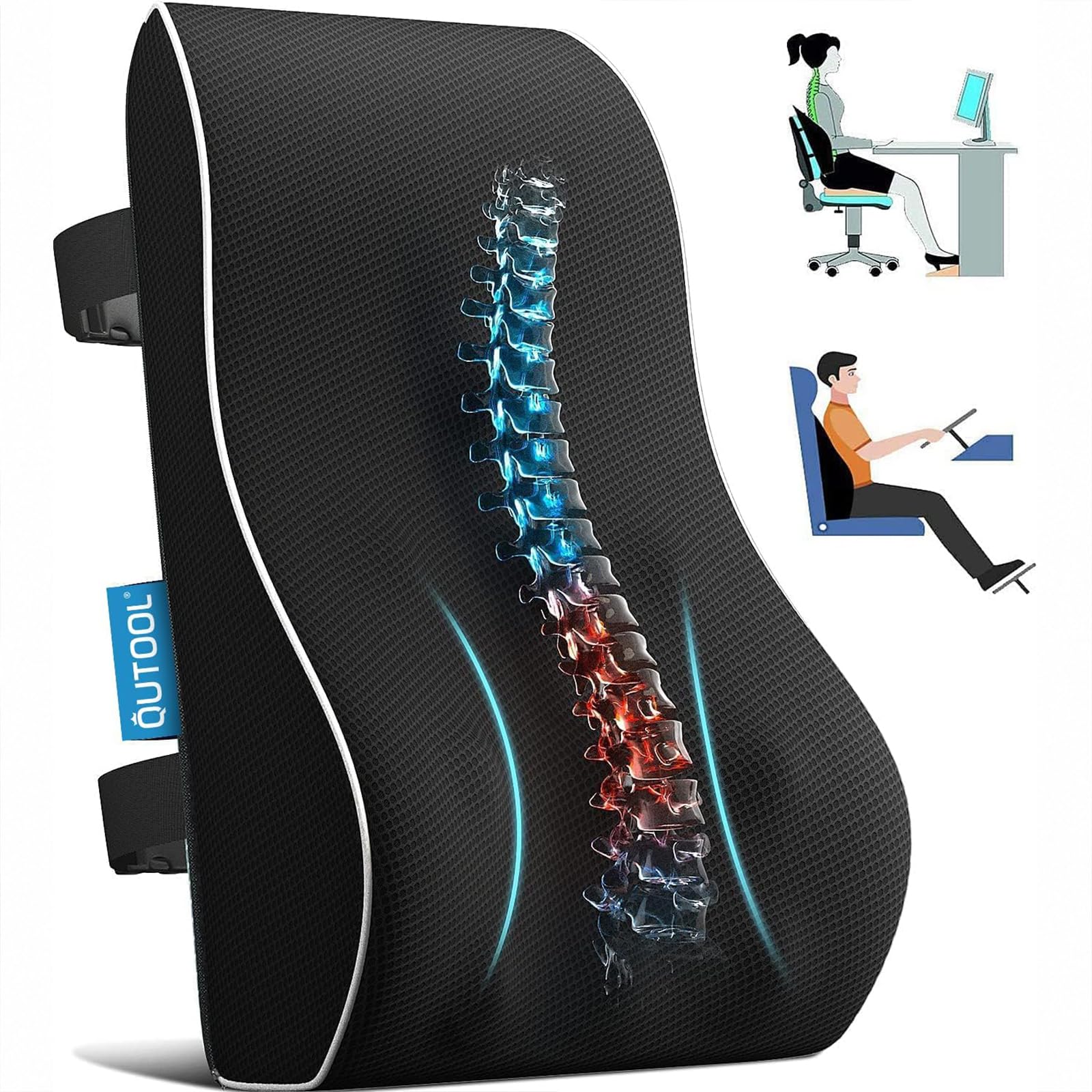 Mesh-covered lumbar support pillow with double adjustable straps on an office chair