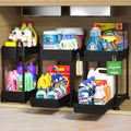 Three Sevenblue 2-tier under-sink organizers with sliding drawers inside a kitchen cabinet