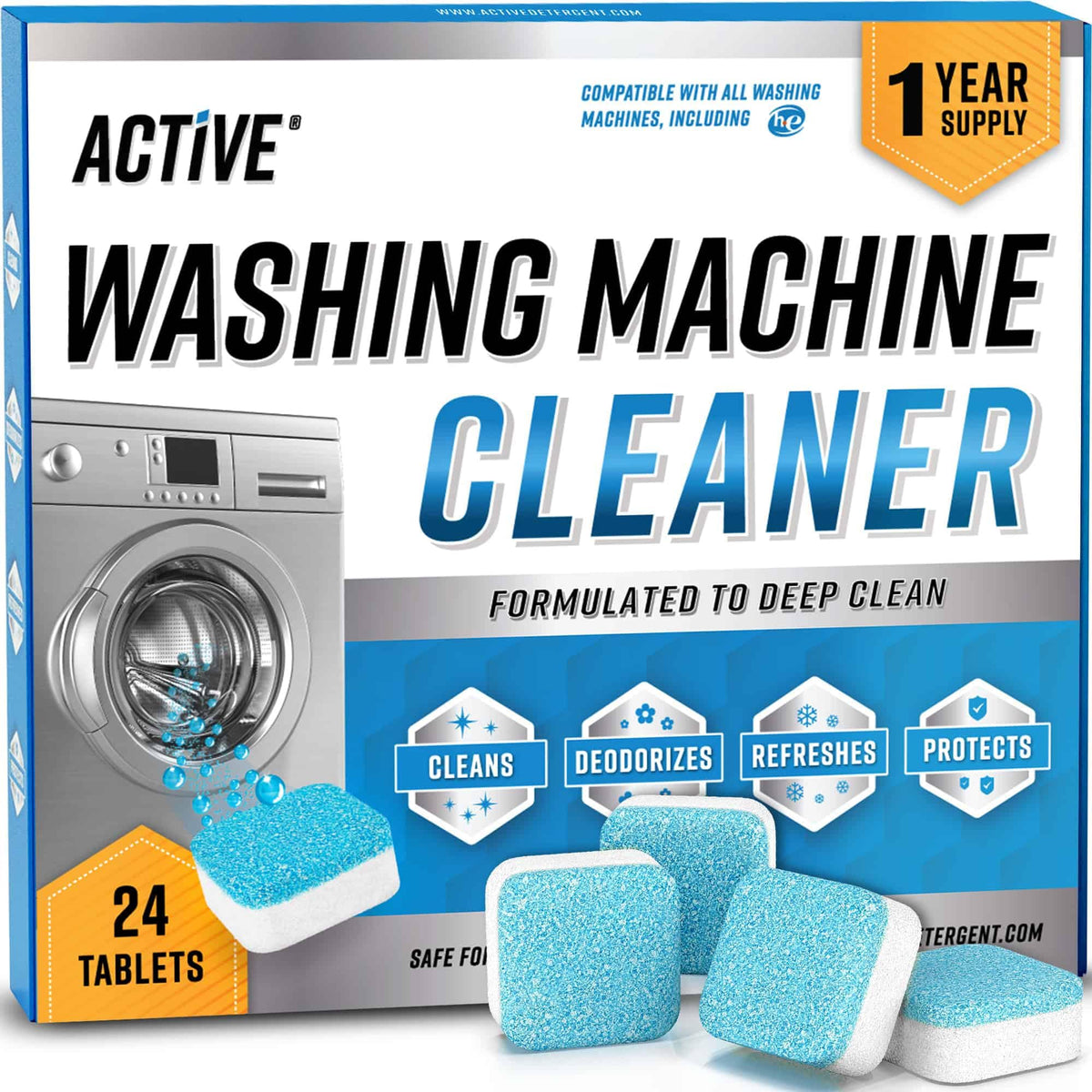 Box of ACTIVE washing machine cleaner tablets with individual tablets visible