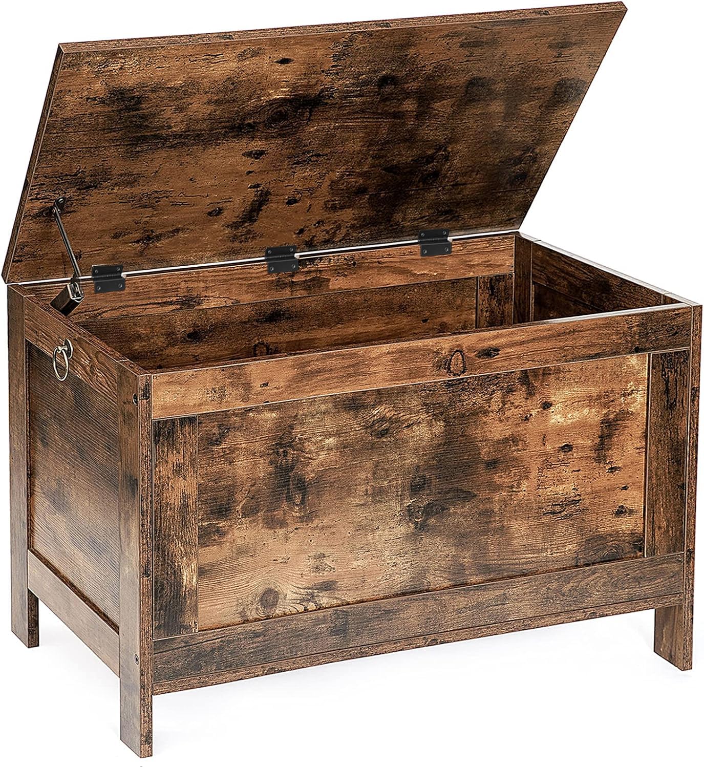 Rustic brown wooden toy storage chest, hinged lid, bench seat