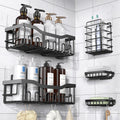 EUDELE stainless steel adhesive shower caddy mounted on tiled wall holding shampoo bottles, soap