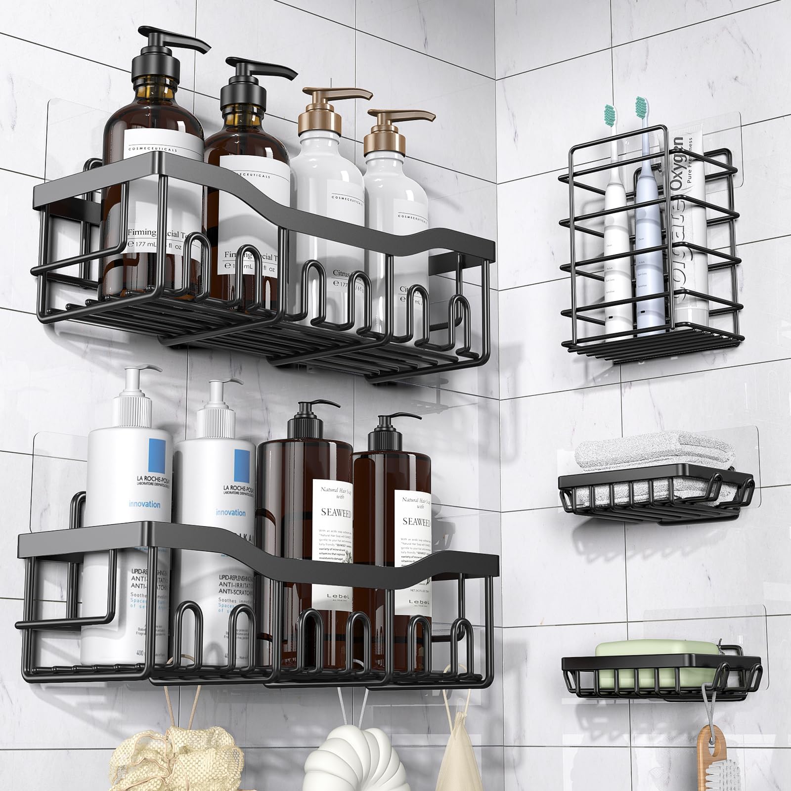 EUDELE stainless steel adhesive shower caddy mounted on tiled wall holding shampoo bottles, soap