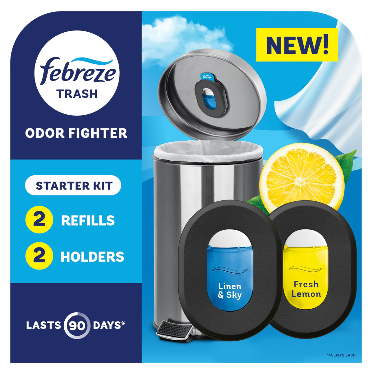 Febreze stick-on can deodorizer holders and refills in Lemon and Linen scents attached to a garbage can