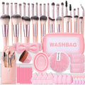 112-piece pink makeup brushes with assorted face and eye brush heads displayed