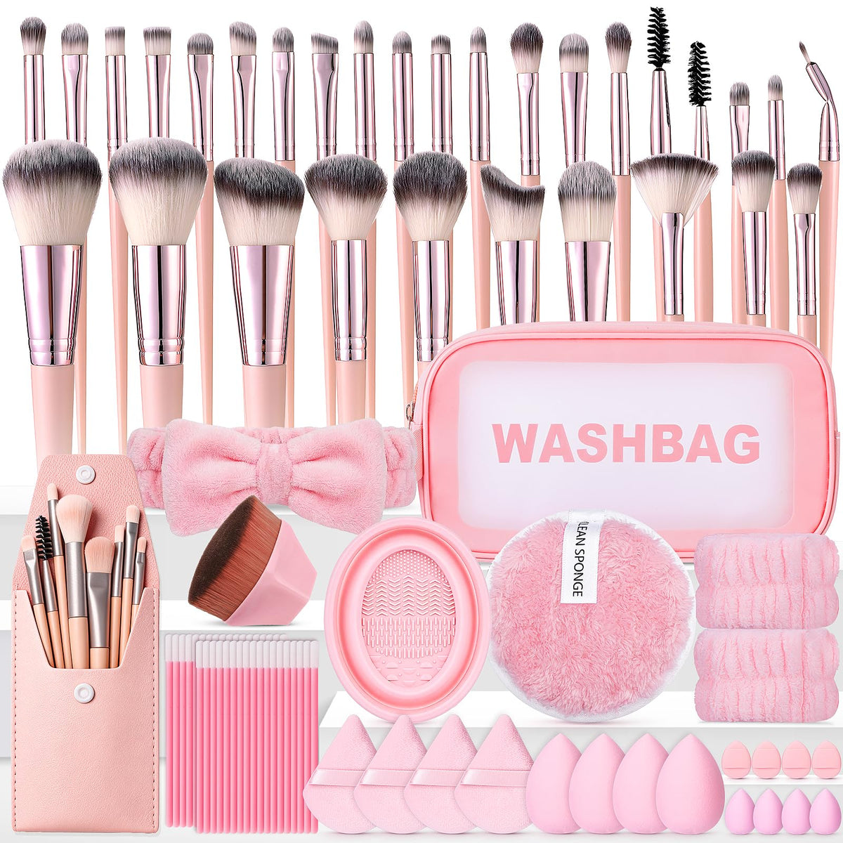 112-piece pink makeup brushes with assorted face and eye brush heads displayed