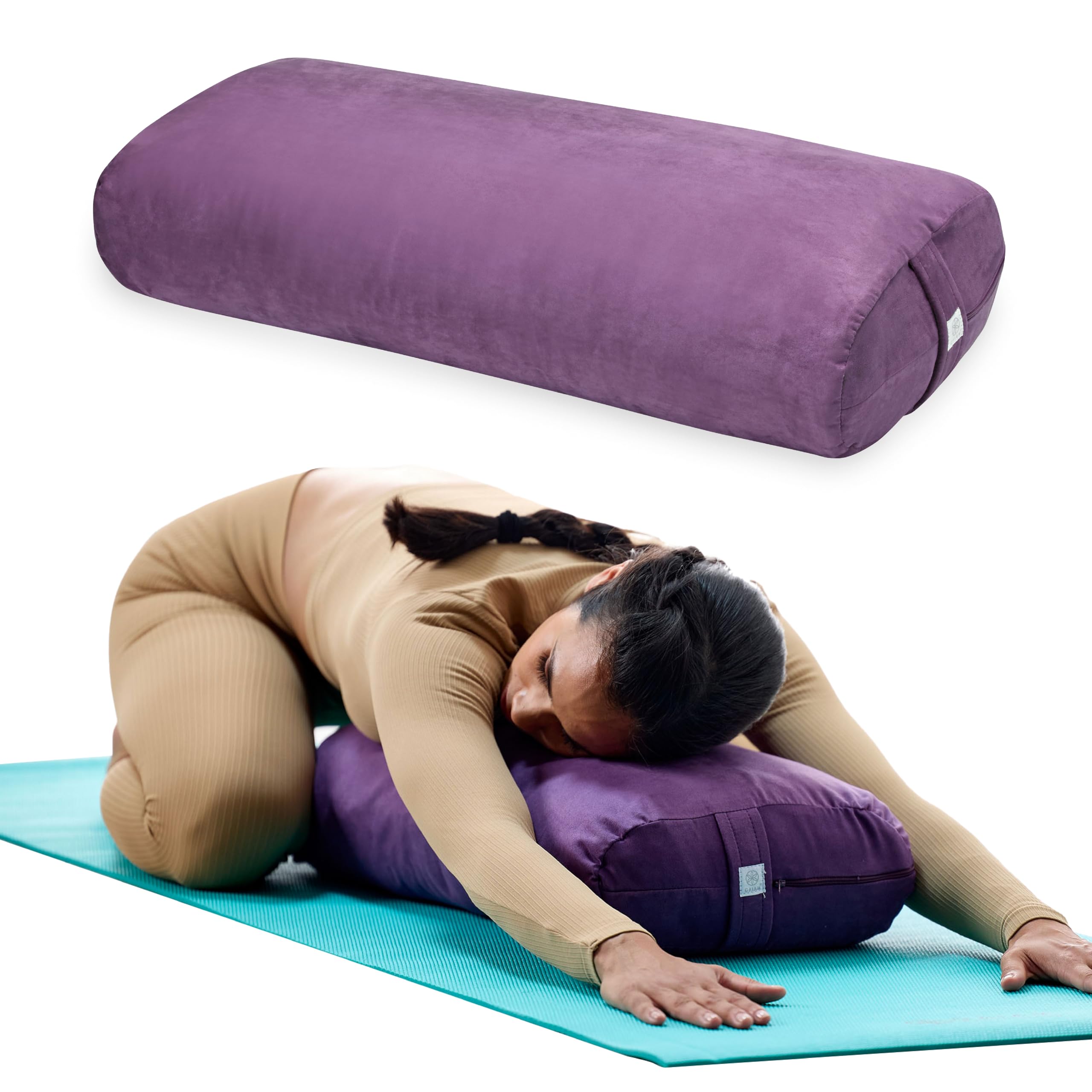 Purple Gaiam yoga bolster pillow cushion for restorative yoga