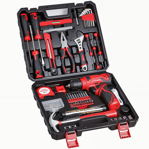 LIXOVUI 8V cordless drill, 132 accessories arranged on a surface