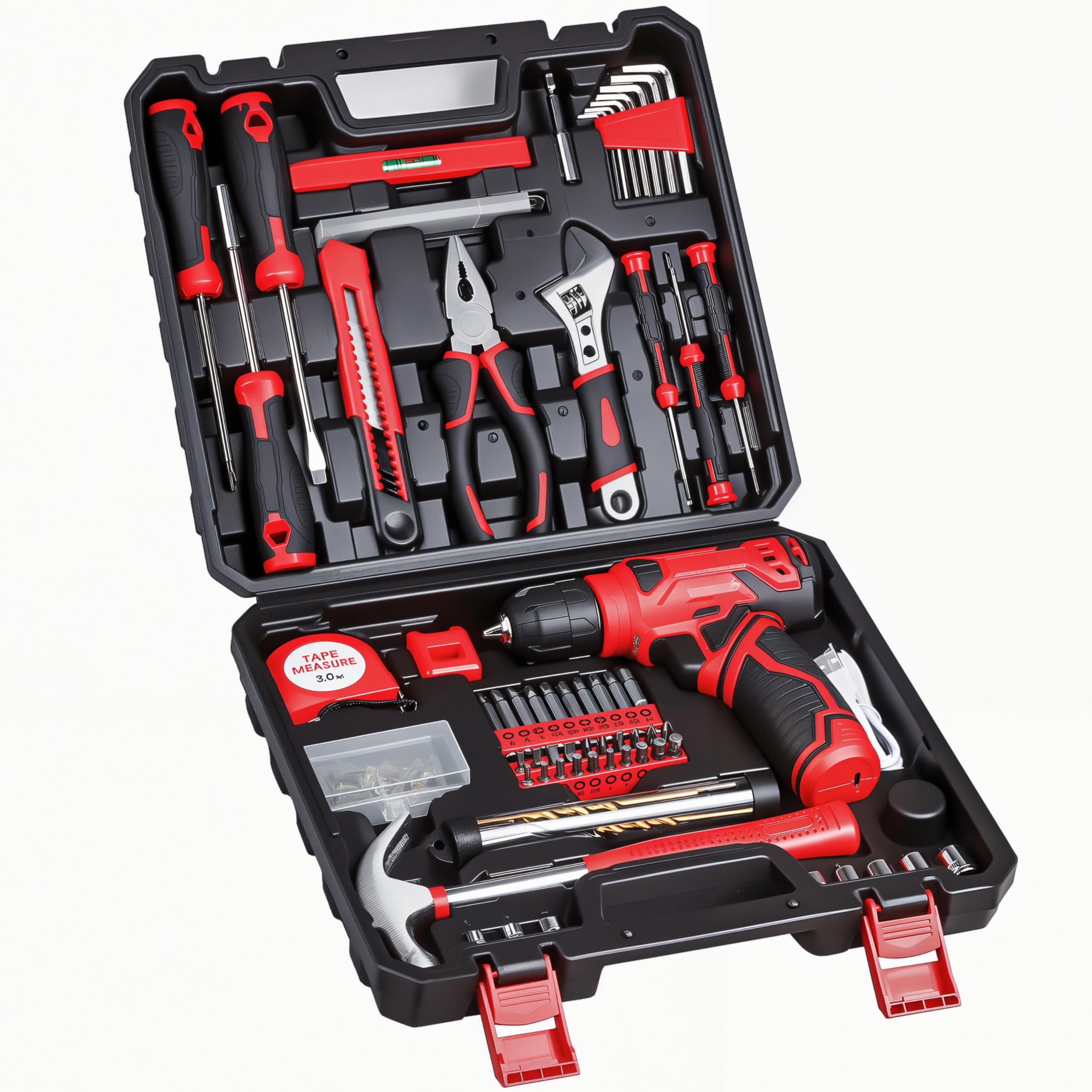 LIXOVUI 8V cordless drill, carrying case, drill bits, accessories laid out