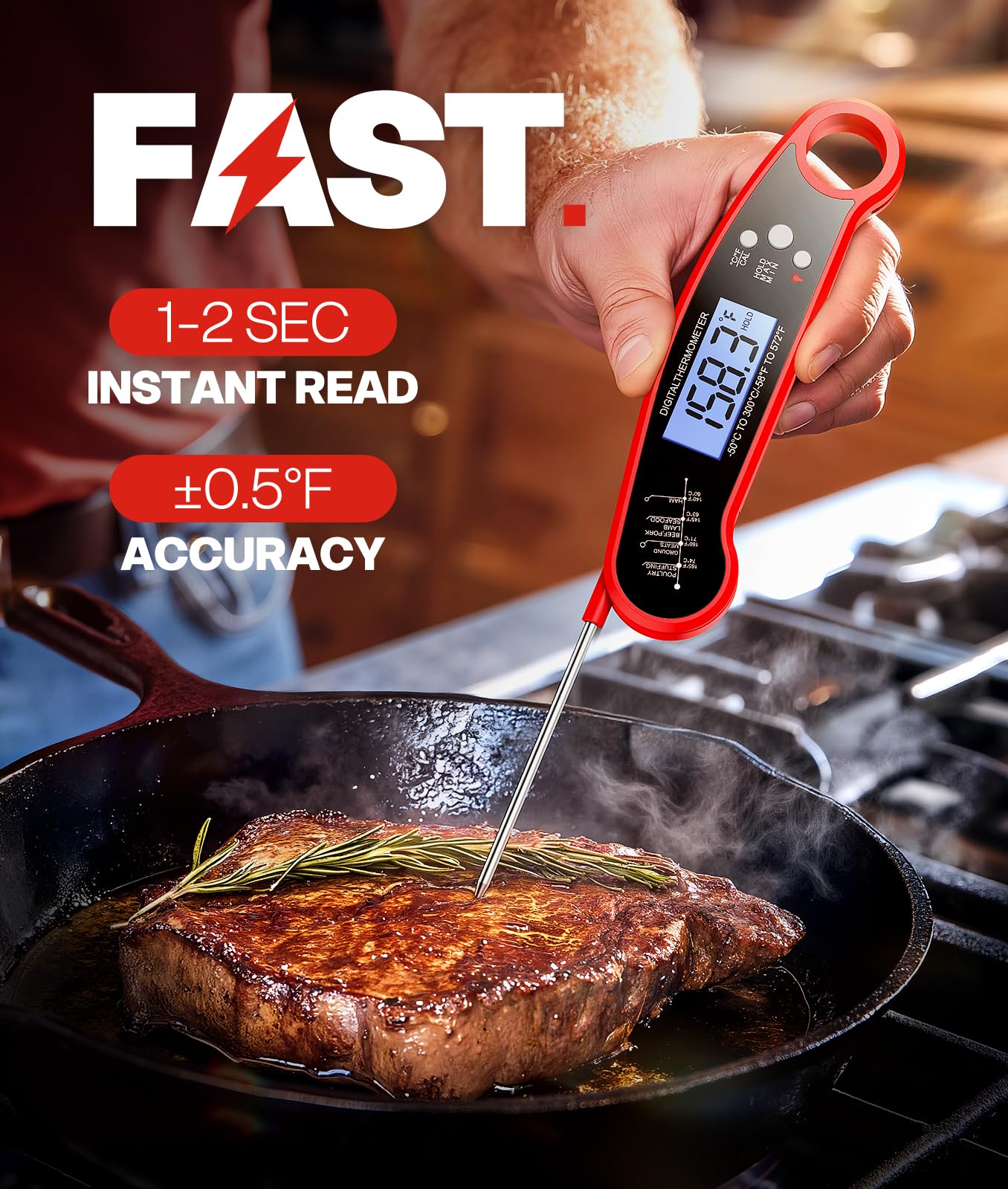 Instant Read Meat Thermometer Digital, 1-2 Sec, Food, Cooking, Grilling image 2