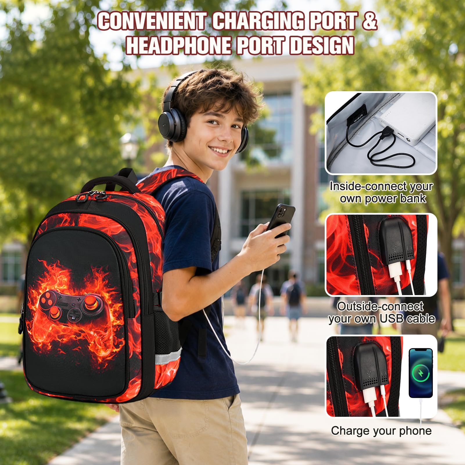 Similove Backpack for Boys, 4PCS Cool Flame School Bags image 6