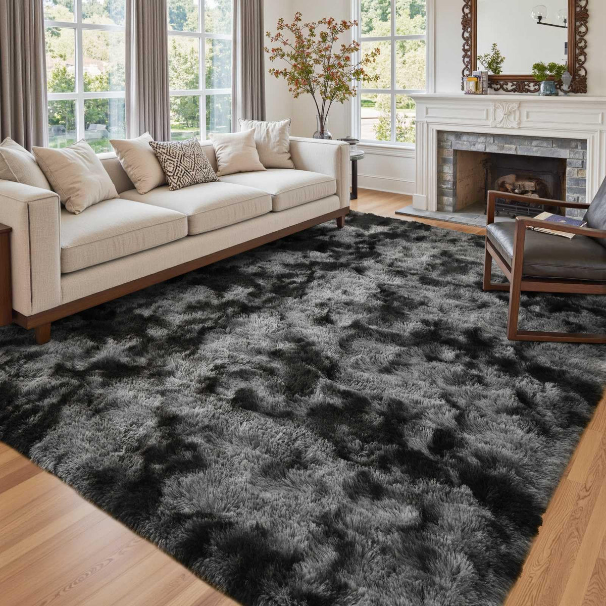 Dark grey 6x9 fluffy shag rug on hardwood floor