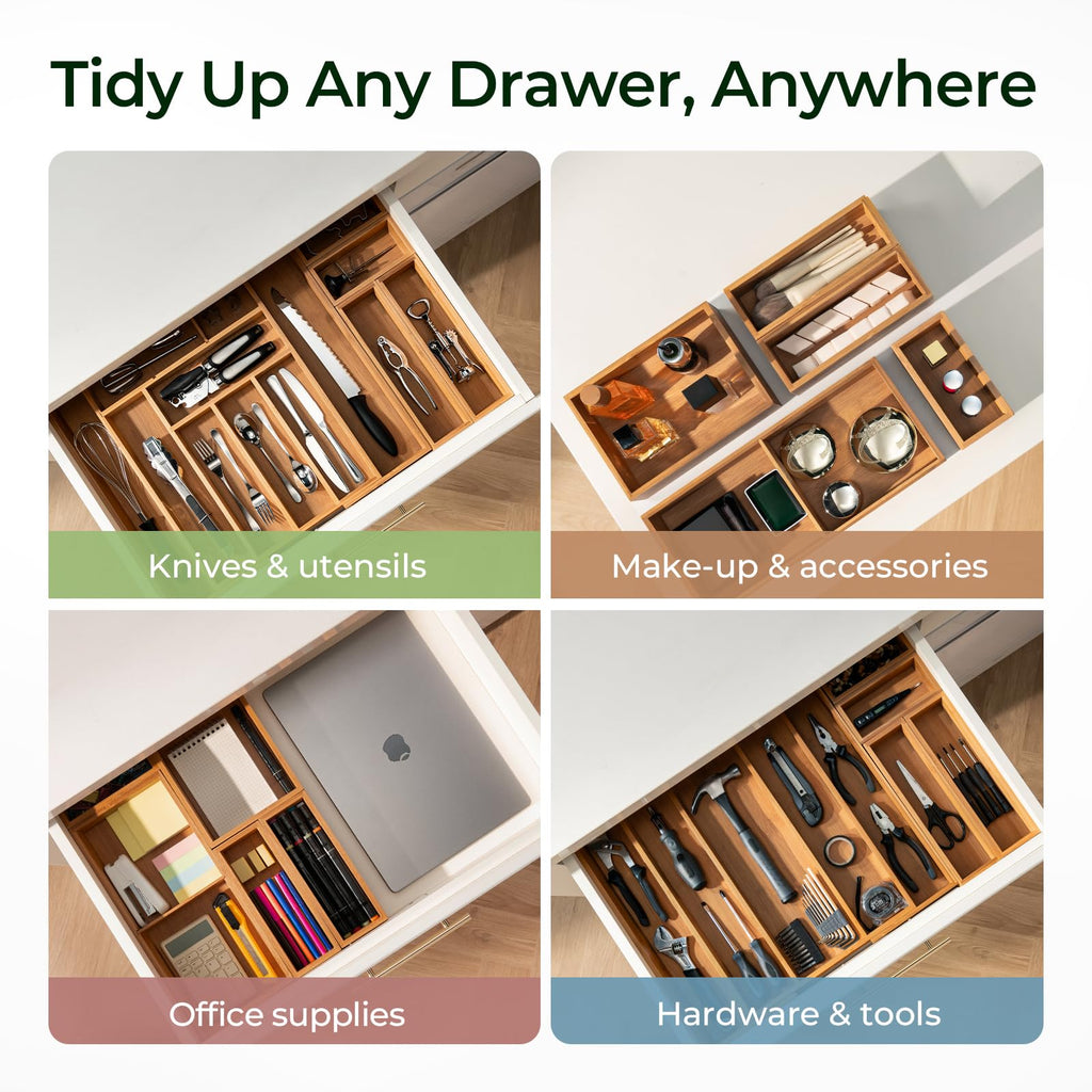 keechee 6-Piece Bamboo Drawer Organizer Set, 2.2" Deep Multi-Use Organizers for Utensils, Silverware, Cutlery, Desk, Bathroom, Junk Drawer & Makeup, Non-Slip Feet Included. image 7