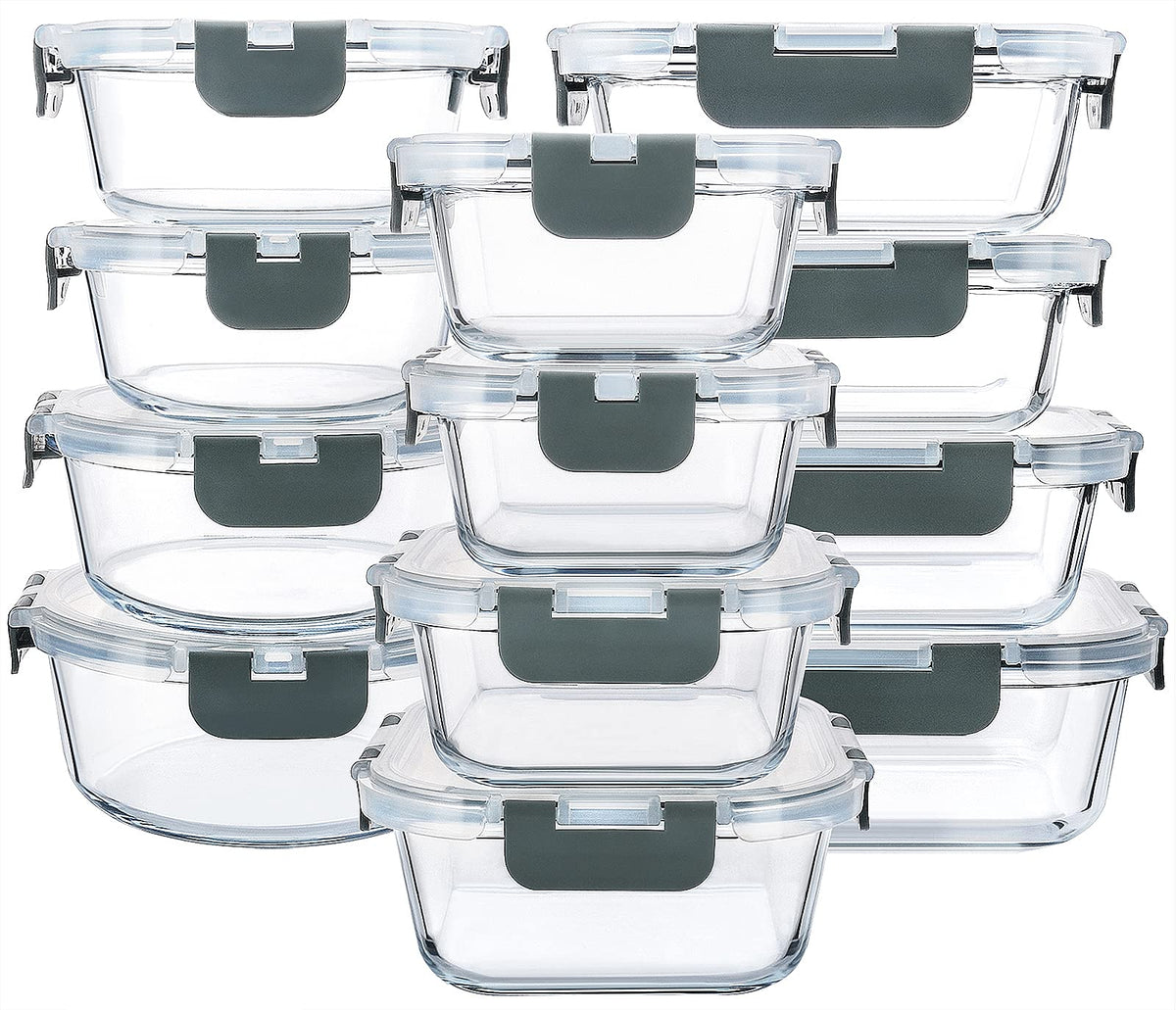 Gray glass food storage containers with matching gray lids in assorted sizes stacked