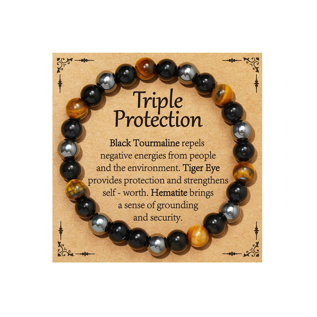 Gnamy Bracelets for Women, Triple Protection Healing Crystal Beaded Bracelets Hematite Black Tourmaline Tigers Eye Natural Worry Stones Anxiety Bracelet Birthday Christmas Jewelry Presents for Mom Best Friends Her Adults Grandma