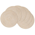 Beige SHACOS 15-inch round braided woven placemats displayed on a dining table, 6 pieces