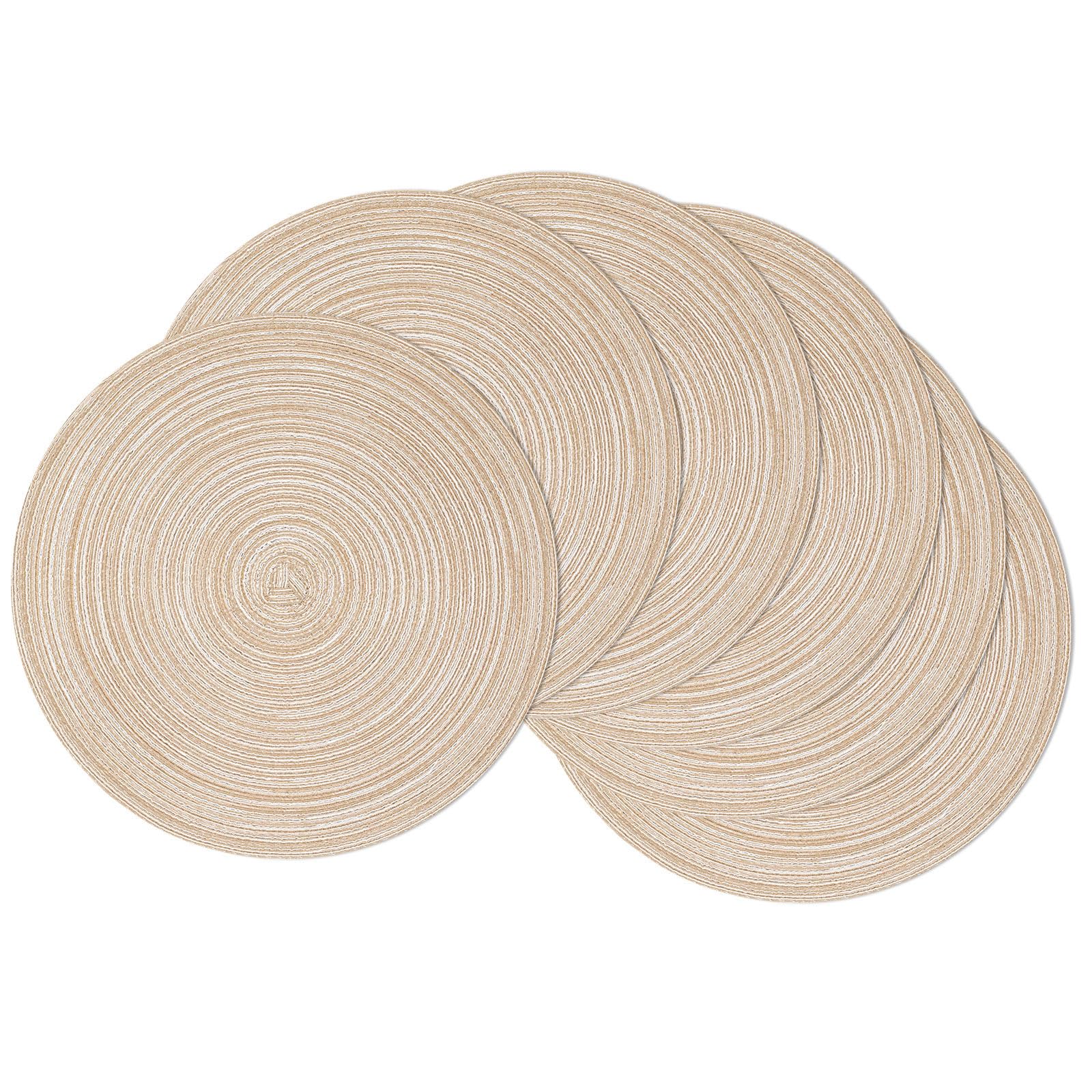 Beige SHACOS 15-inch round braided woven placemats displayed on a dining table, 6 pieces