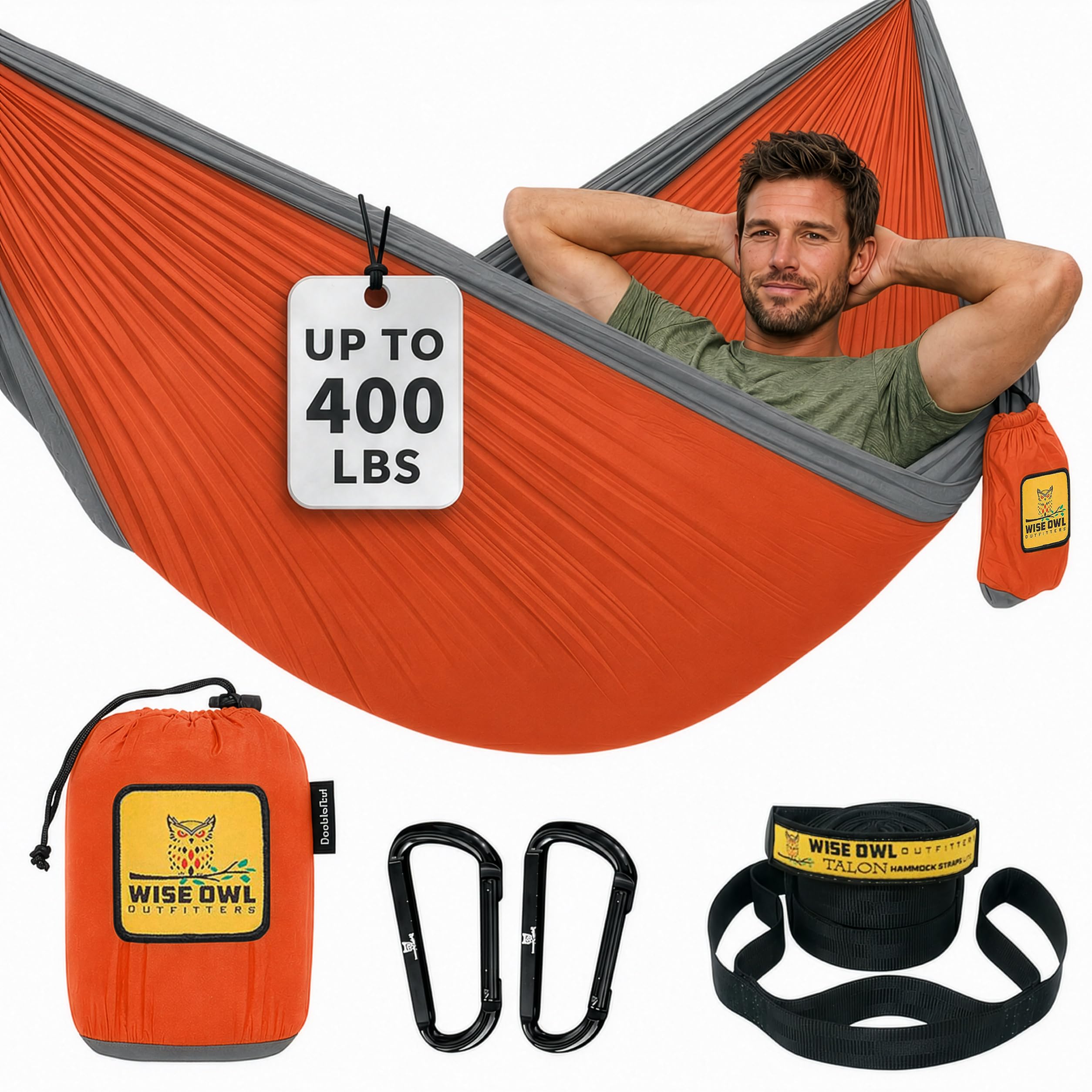 Orange and grey Wise Owl Outfitters parachute nylon camping hammock hung between trees