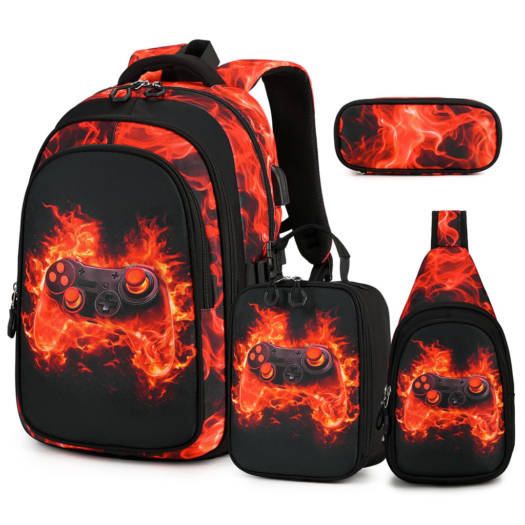 Similove Backpack for Boys, 4PCS Cool Flame School Bags