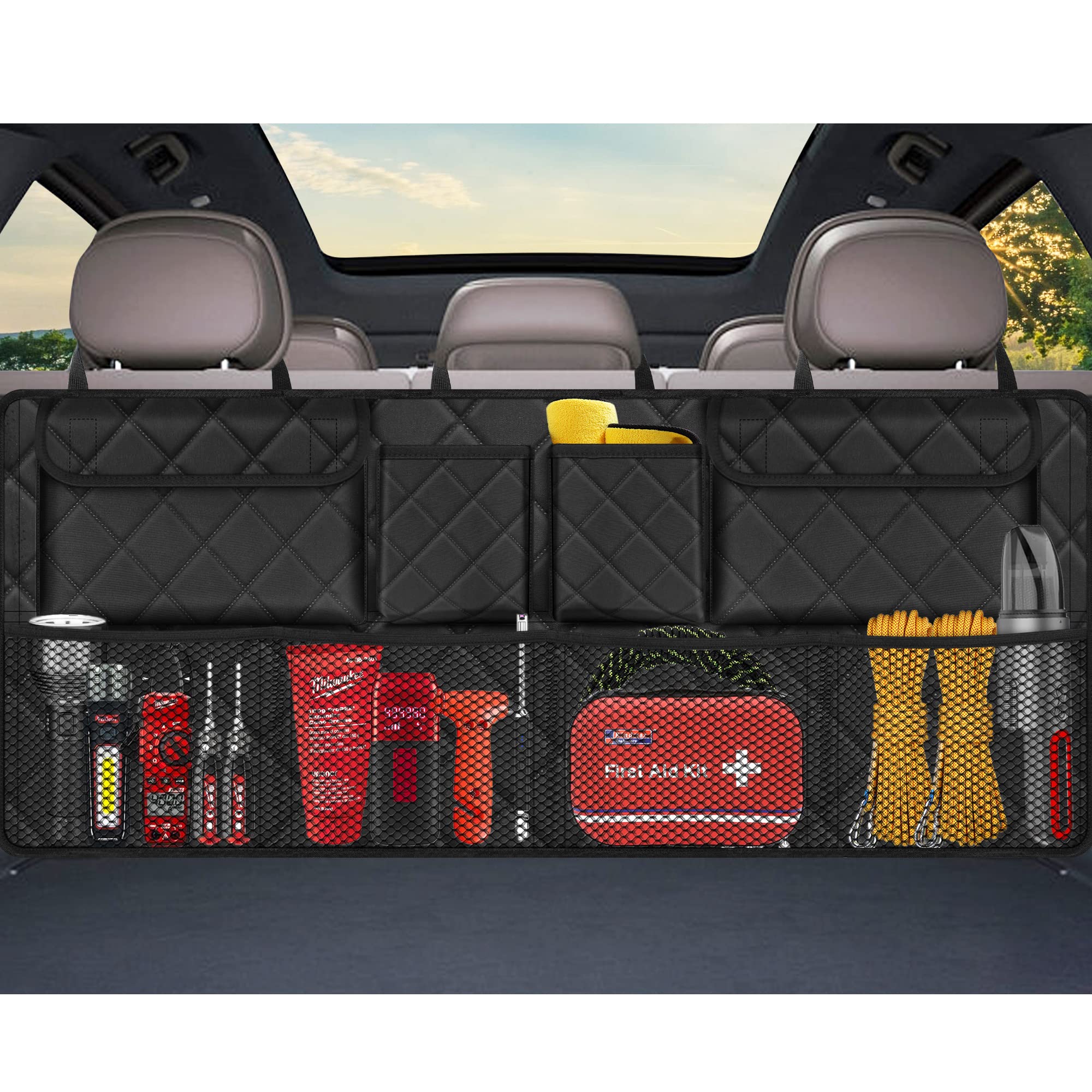Black Femuar collapsible trunk organizer open in car trunk showing eight pockets