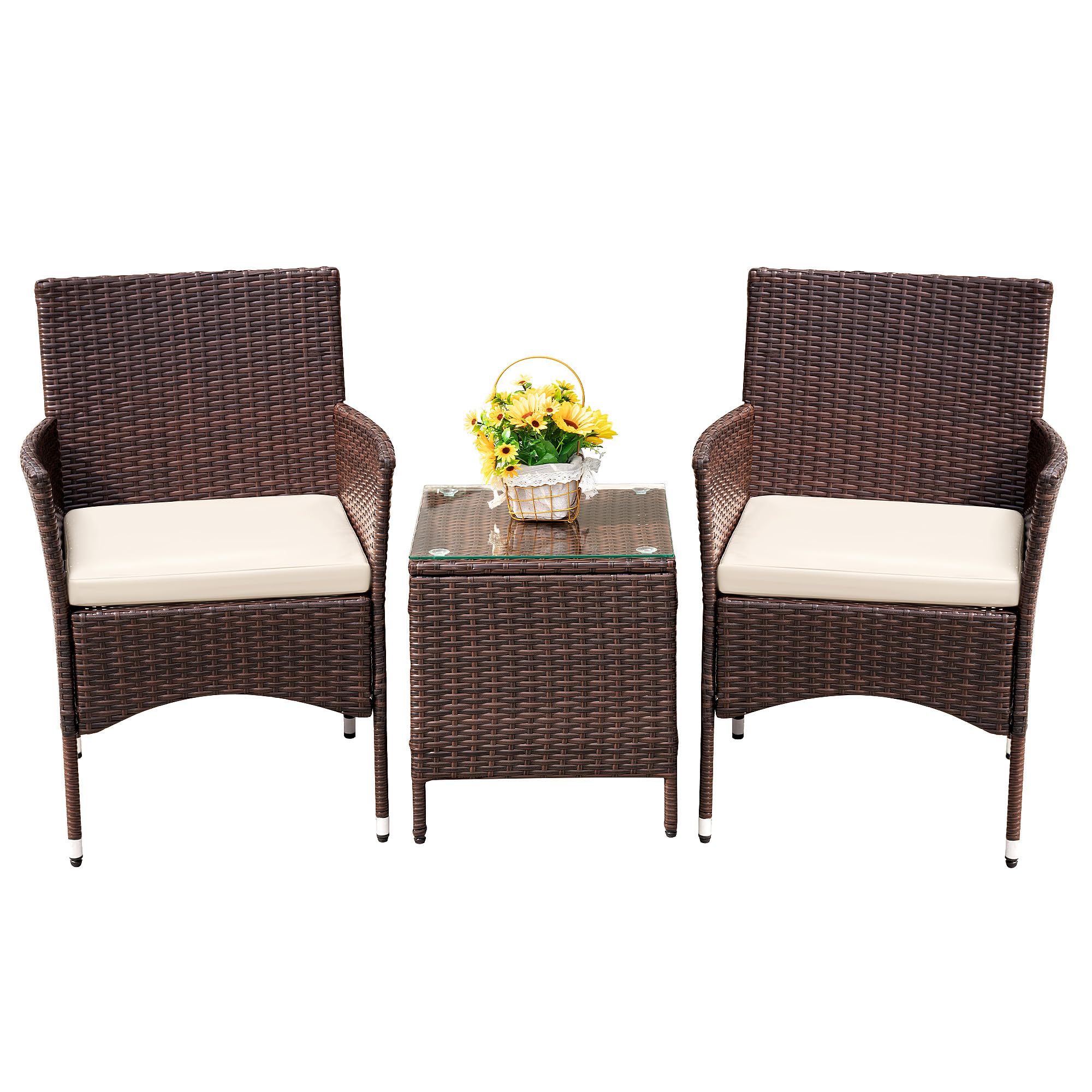 Brown Devoko 3-piece outdoor wicker seating, two chairs, glass-top table
