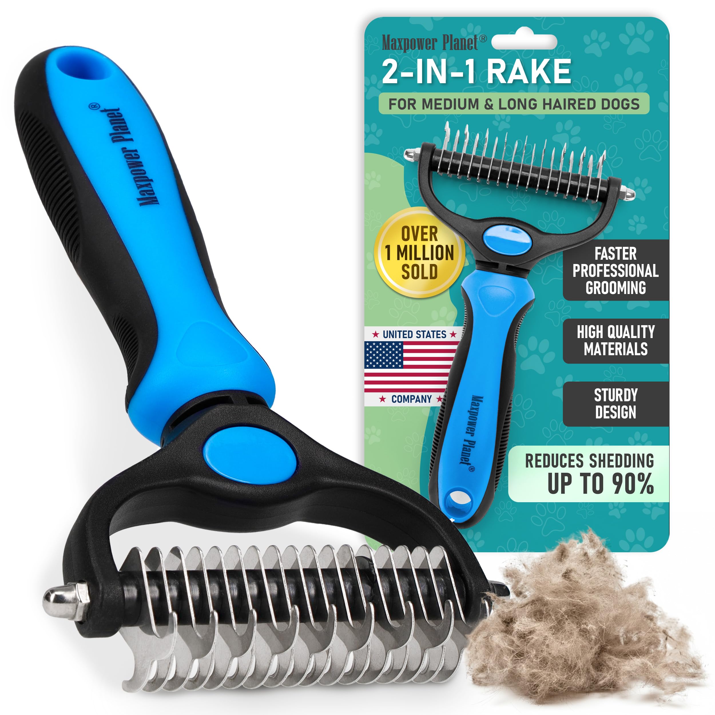 Maxpower Planet deshedding undercoat rake with metal teeth and ergonomic handle for dogs and cats